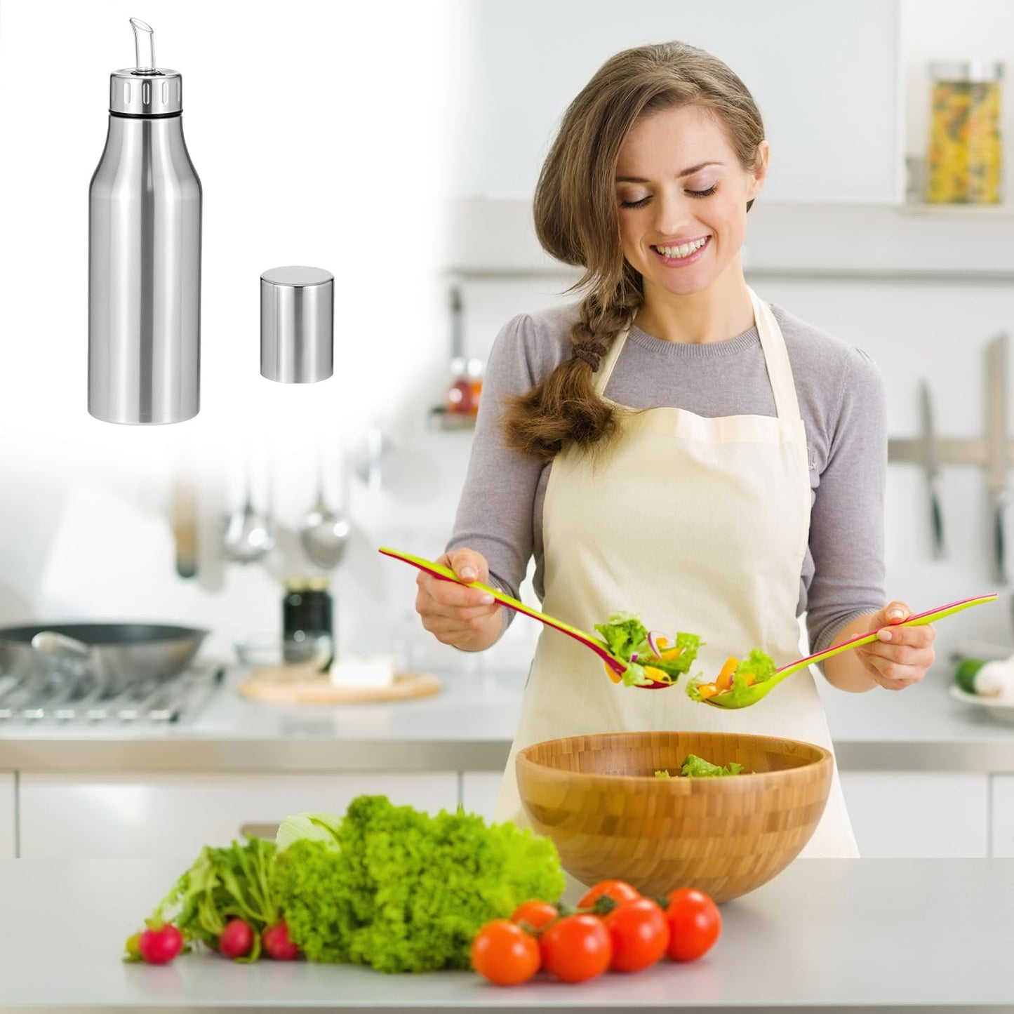 304 Stainless Steel Olive Oil Dispenser Bottle, 25oz Oil Decanter with Easy Pour Spout, Anti-Drip Design, 750ml Oil Cruet for Kitchen Cooking & Salad Dressing, 2.9W x 10.2H