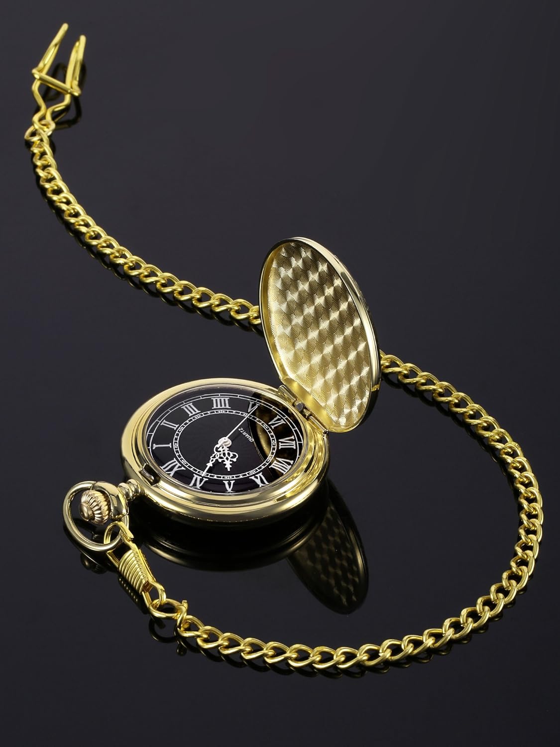 Men's Quartz Pocket Watch with Black Dial and Chain