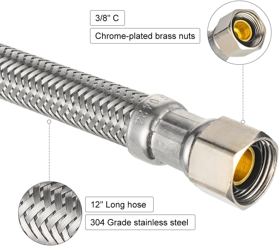 2-Pack 12-inch Toilet Water Supply Connector Line Braided Stainless Steel Hose, 7/8 Female Ballcock Thread x 3/8" COMP,(HOSE049)