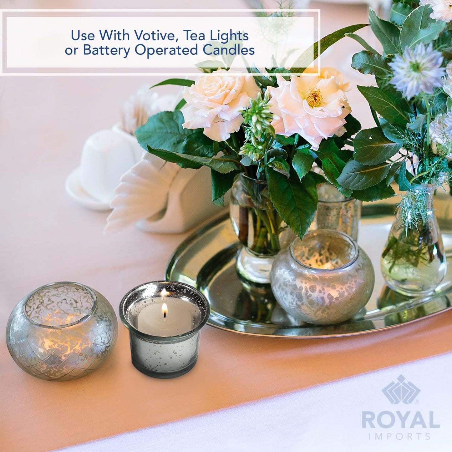 Silver Oyster Mercury Glass Votive Candle Holder, Table Centerpiece Tealight Decoration for Elegant Dinner, Party, Wedding, Holiday, Set of 6 (Unfilled)