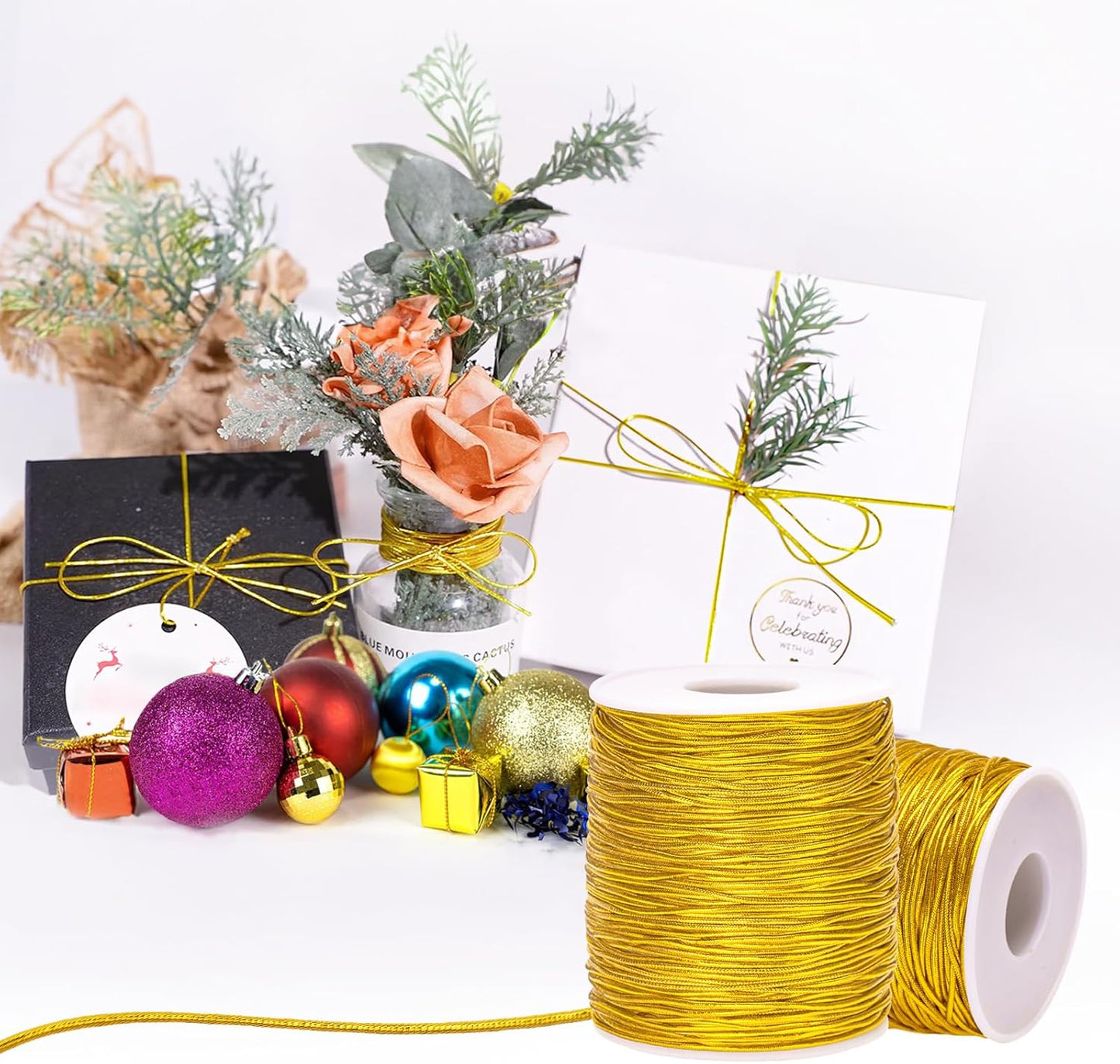 110Yard Gold Elastic Cord - 1MM Gold Elastic String Metallic Tinsel Stretch Cord Elastic Ribbon Braiding Rope for Ornament Craft Hair Gift Wrapping Hang Jewelry Making Bracelet Christmas Decor