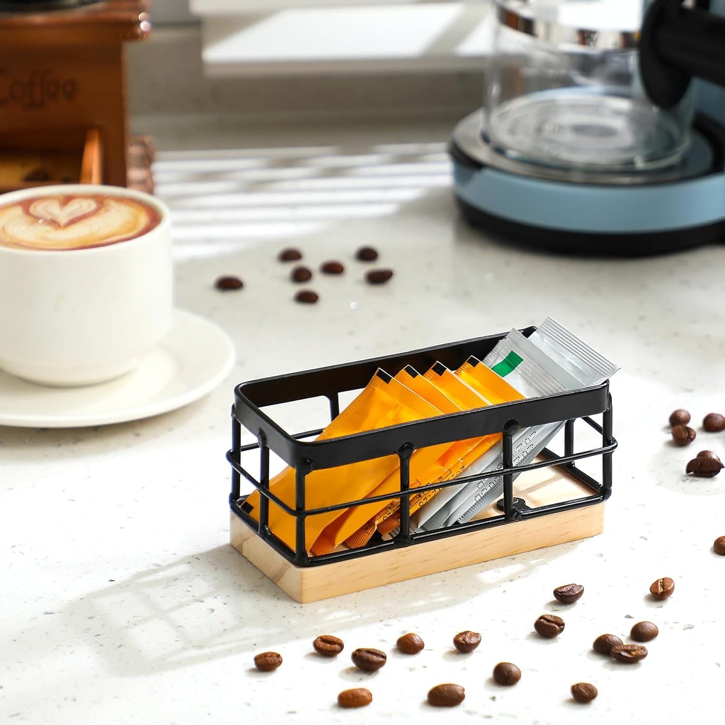 Sugar Packet Basket Iron Sugar Organizer with Wooden Base Small Caddy Iron Organizer Coffee Creamer Holder Tea Bag Caddy Holder for Coffee Bar Kitchen Home (1 Set)