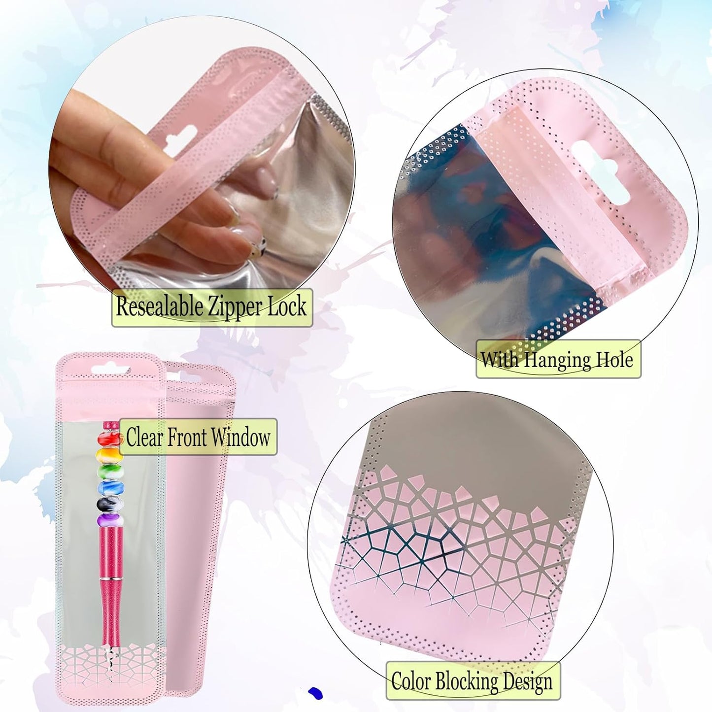 100 Pack Holographic Pen Bags Clear Resealable Bags,Resealable Zipper Pouch Bead Packaging for Pen,Jewelry,Brushes,Lipgloss Small Business 2.16x8.6inch