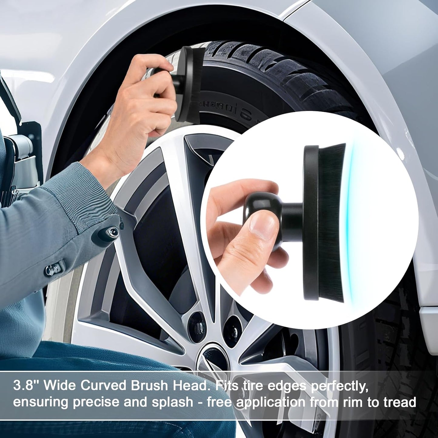 Tire Shine Brush - Curved Brush Head & Large 3.8'' Tire Dressing Applicator with Storage Stand for Automotive Detailing, Car Enthusiasts, DIY Users (Vegan, Washable, Black)