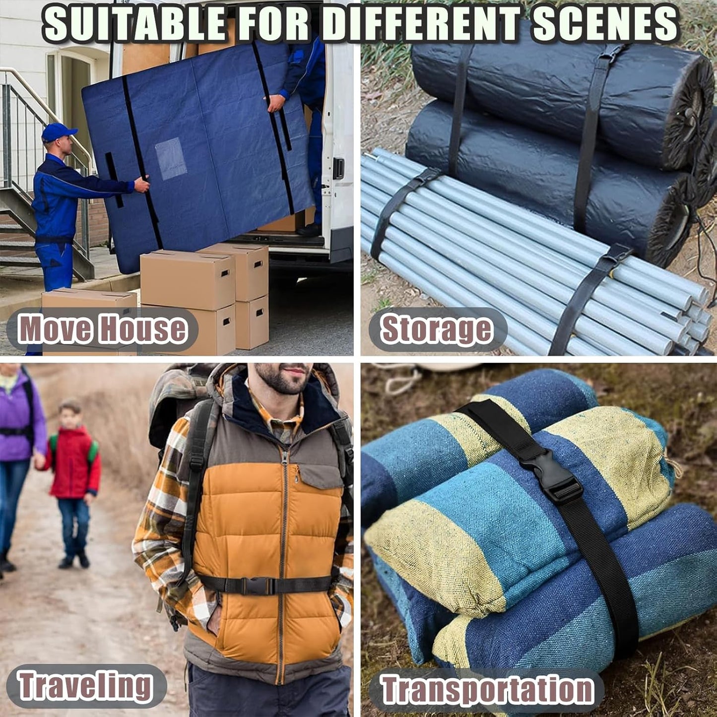 2 Pack Heavy Duty Adjustable Nylon Tie Down Straps with Quick-Release Buckles Yoga Mat Straps for Camping Gear Moving Luggage Mattress & Outdoor Equipment Multi-Purpose Securing Strap (Black-2Pcs)
