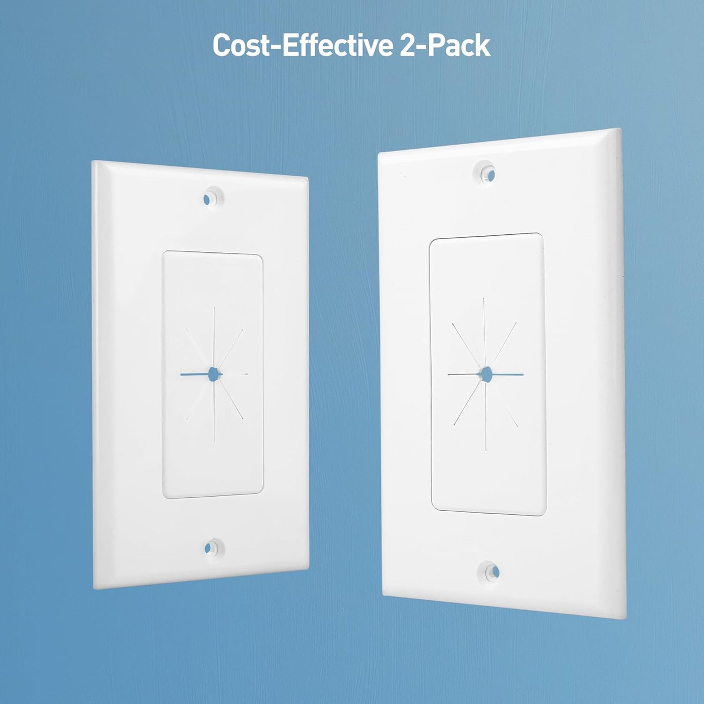2-Pack 1-Gang Wall Cable Pass Through, Cable Wall Plate with Flexible Rubber Grommet, Cord Hiding/Management Solution for Home and Office, White