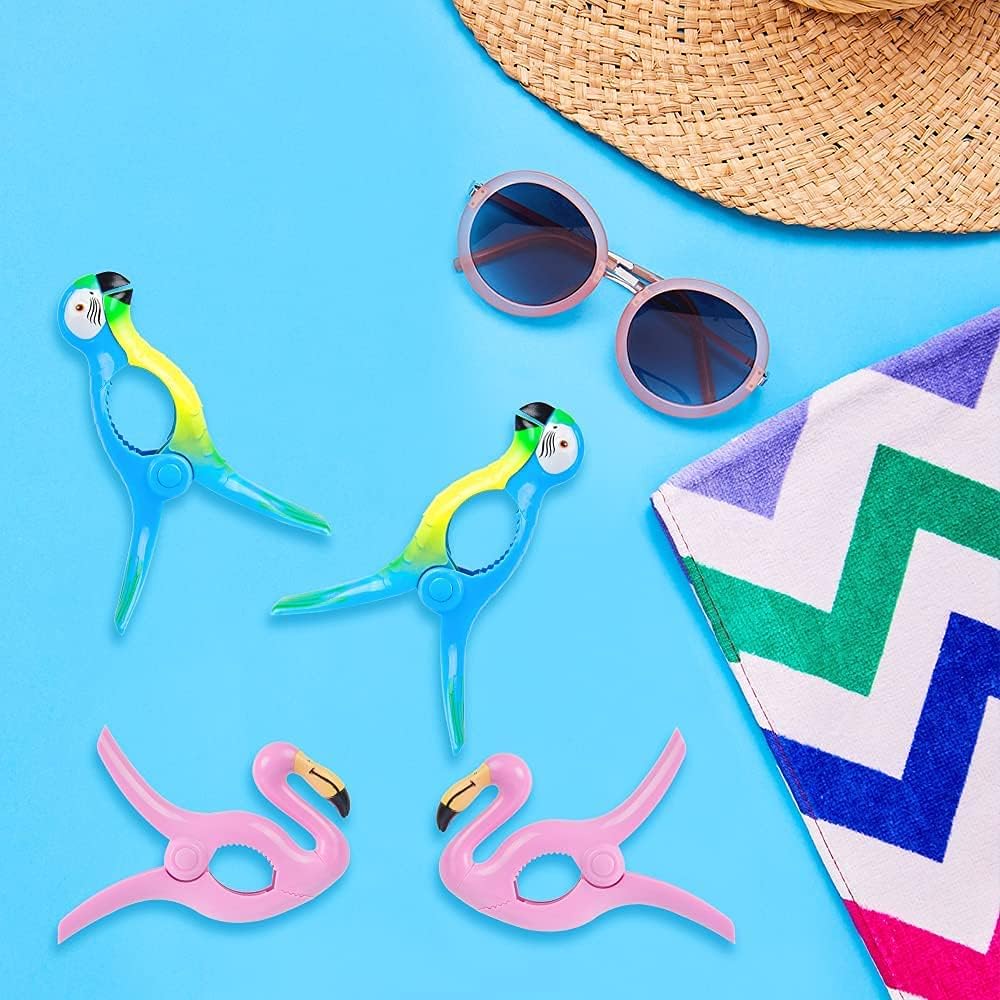 Beach Towel Clips, Jumbo Size Towel Clips for Beach Chairs Cruise Pool Patio or Daily Use-Secure Hang Seal, Set of 4 (Flamingo Parrot)