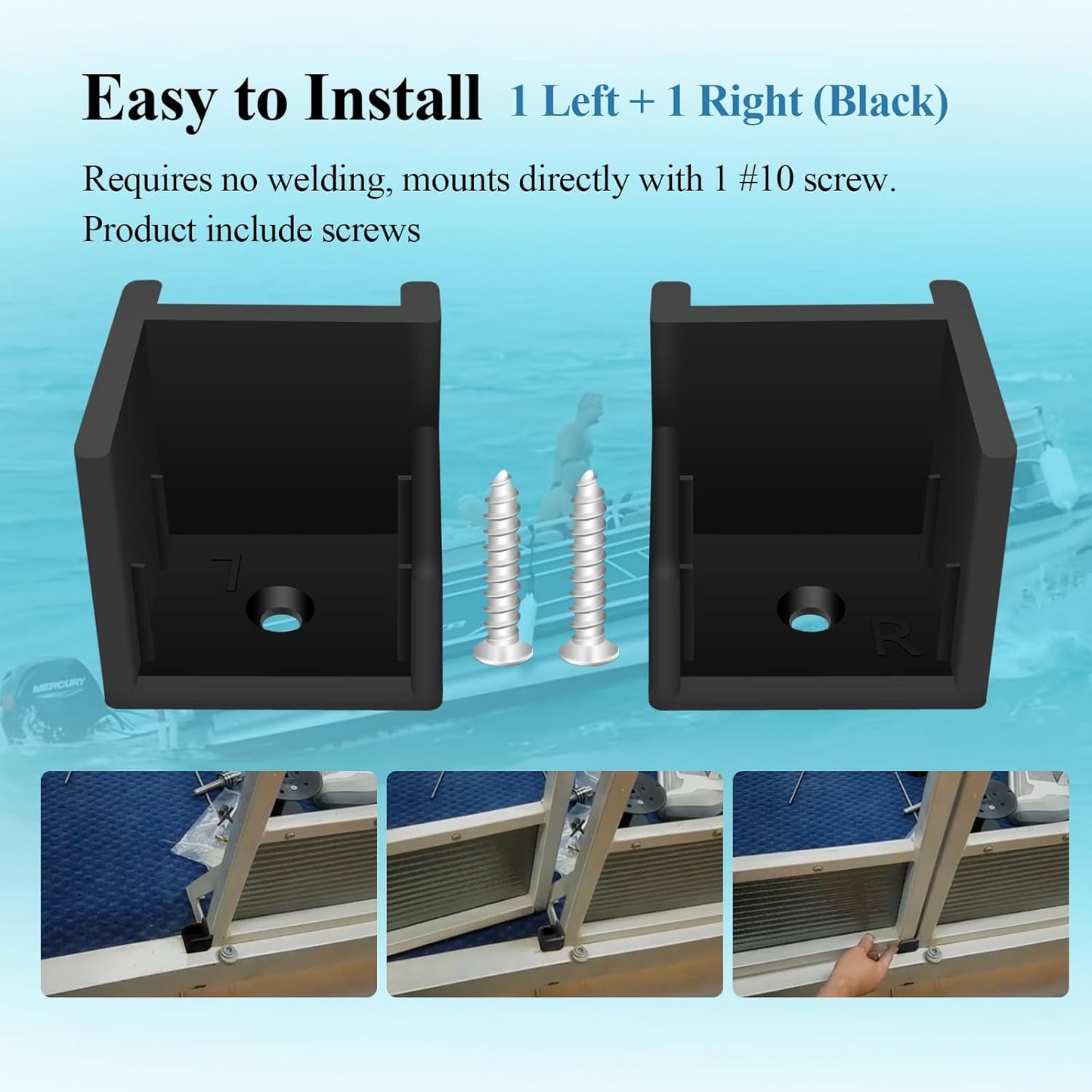1 Left + 1 Right (Black) Hand Hinge with Ribs, Anti-Rattle Pontoon Gate Door Stop for 1-1/4" Square Tubing, Injection Molded Pontoon Door Stop, Screw Included, Direct Mounting with 1#10 Screws