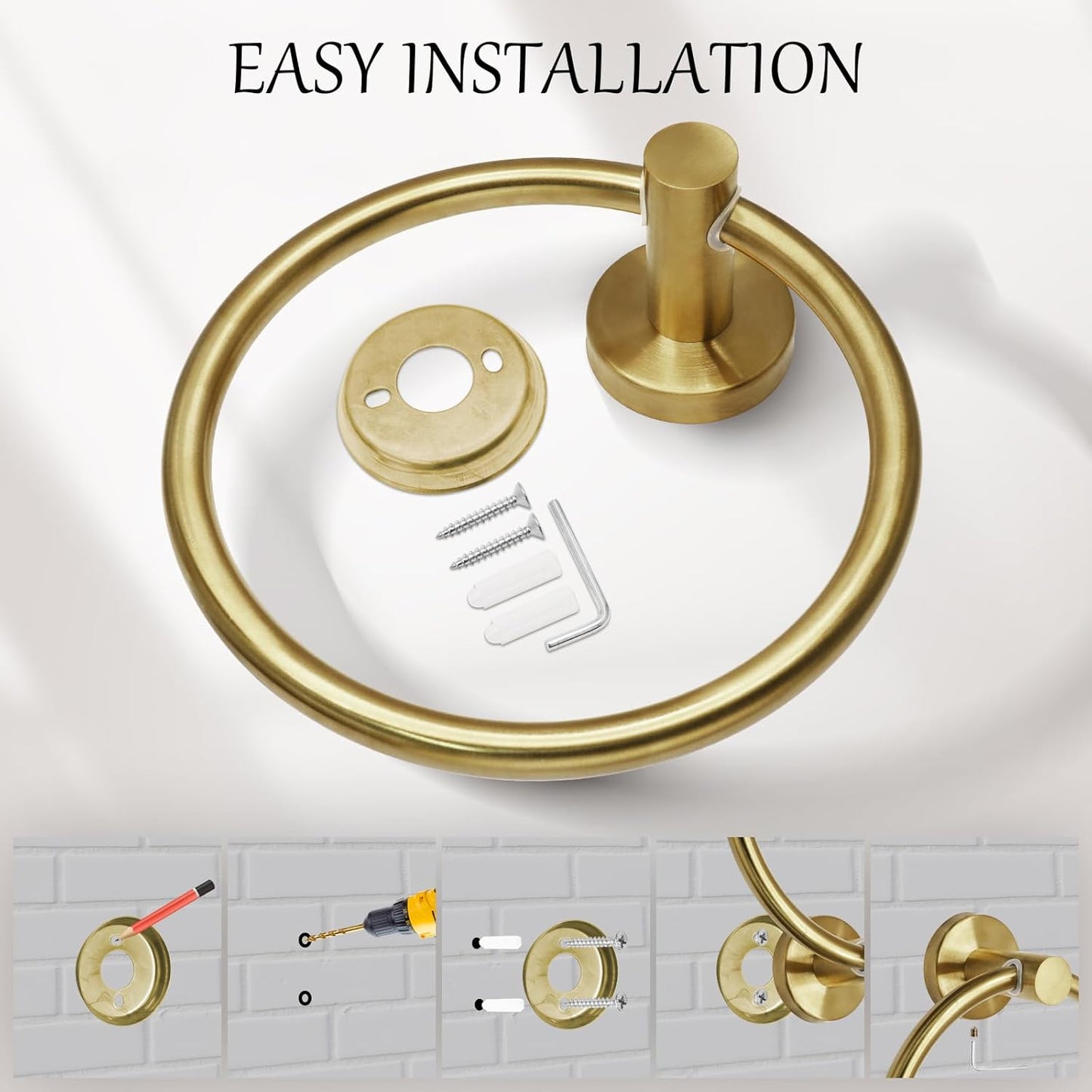 Brushed Gold Towel Ring, Stainless Steel Hand Towel Holder Modern Rack Hanger Round for Bathroom Wall Mounted (1 Pack)