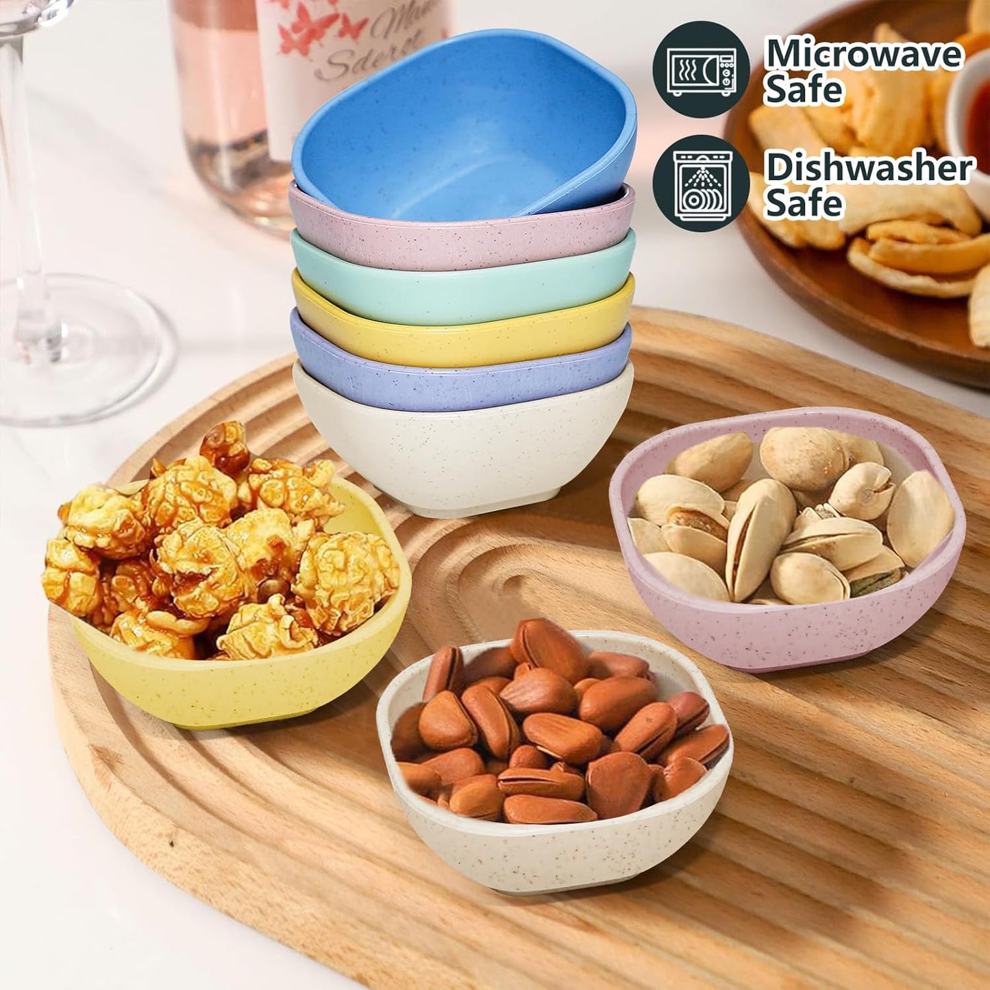 6 Pack Small Plastic Bowls 4.5 OZ Unbreakable Wheat Straw Dipping Bowls,plastic ramekins, Assorted Colors Dipping Sauce Cups, dip cups, Dessert, Ketchup