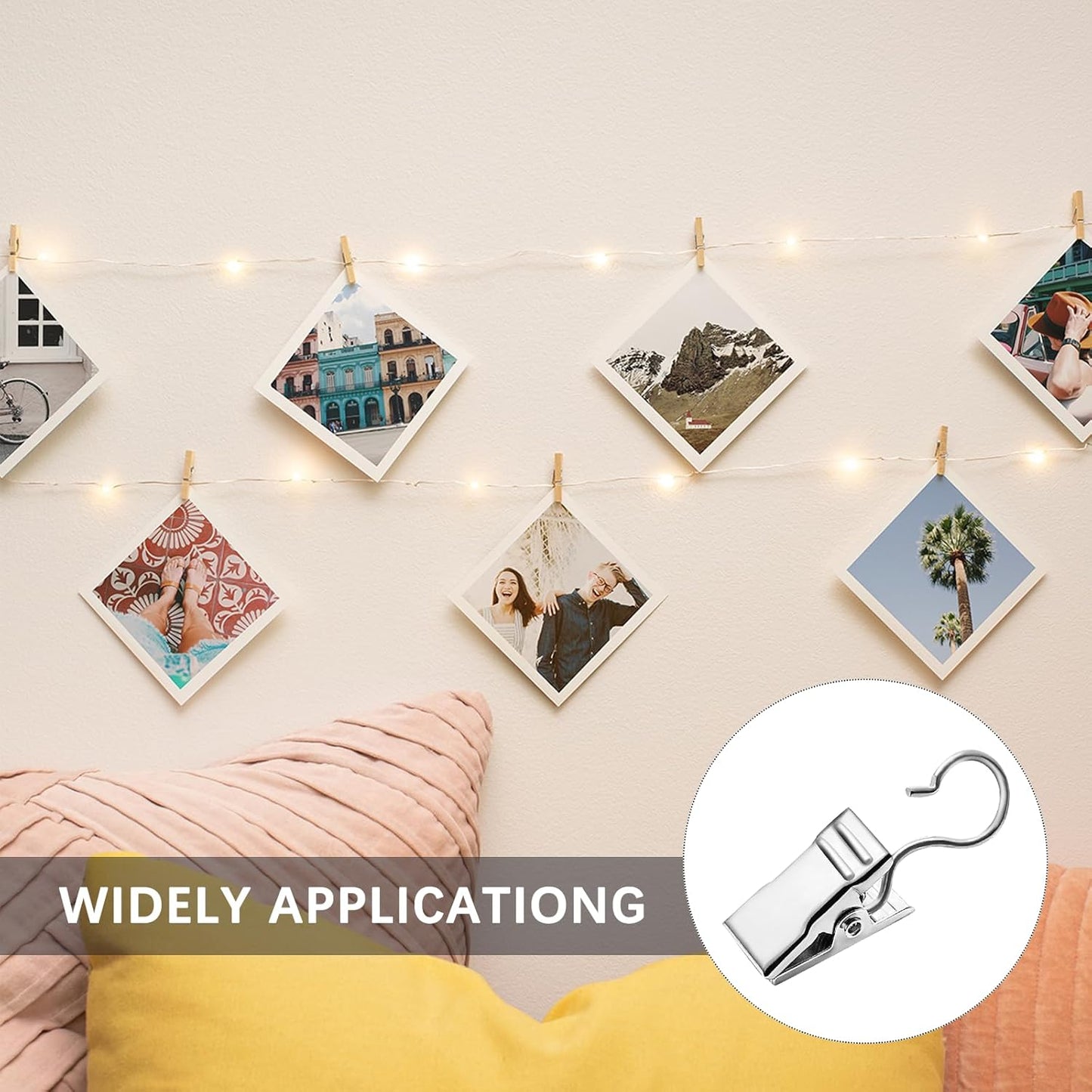Small Hanging Clip for Curtains - 100 Pack Camper Awning Lights Clips with Light Hanger Hooks, Best for Camp Tent Photo Display Indoor Outdoor Decoration(Silver)