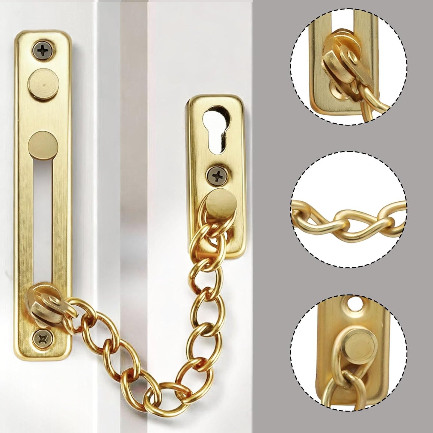 Heavy Duty Door Chain Lock with Mounting Screws, Stainless Steel Door Chain Guard for Front Doors, Pet Safe (Gold, 1 Pack)