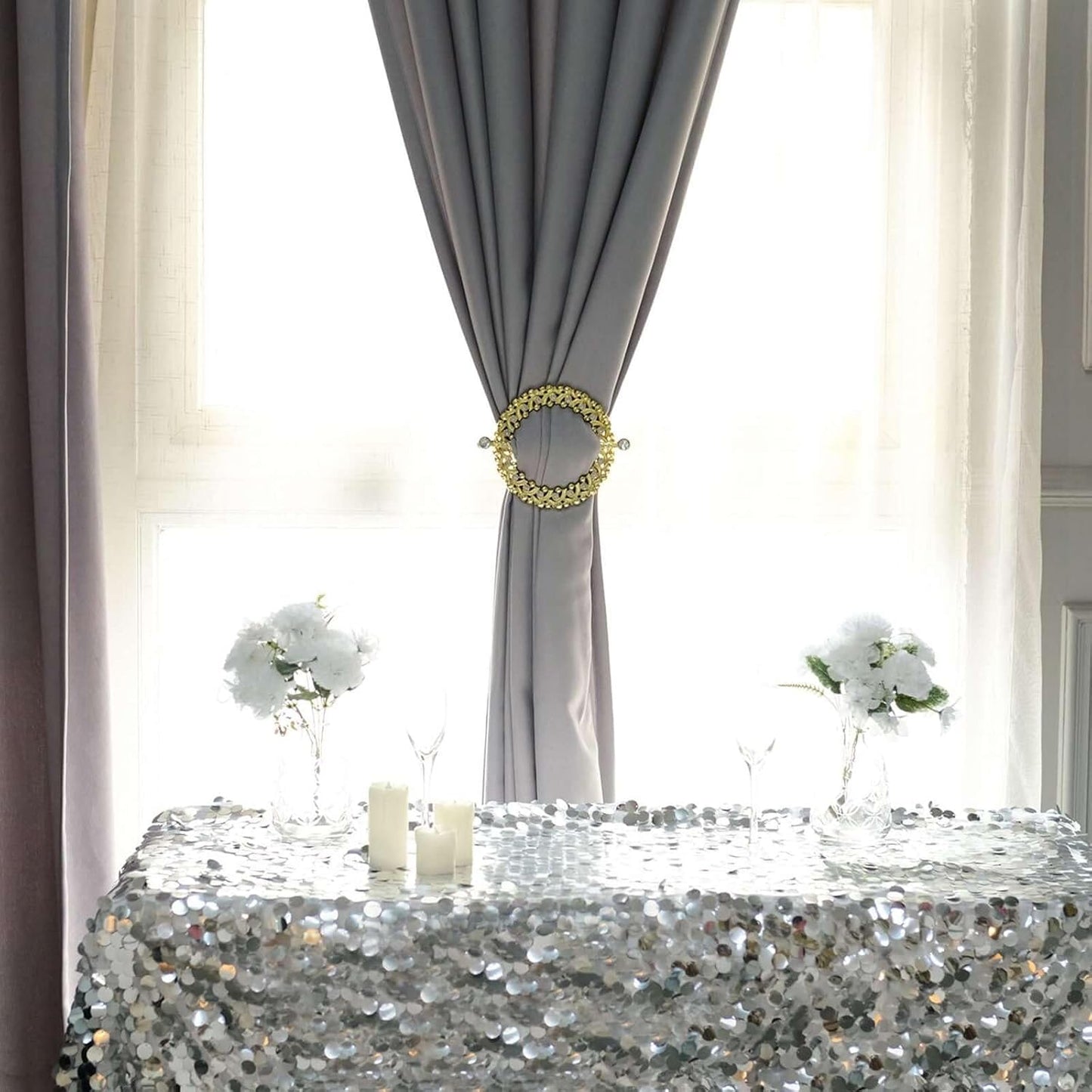 Efavormart 2 Pack | 7" Gold Barrette Style Acrylic Crystal Curtain Tie Backs, Round Backdrop Drapery Brooch Holdbacks