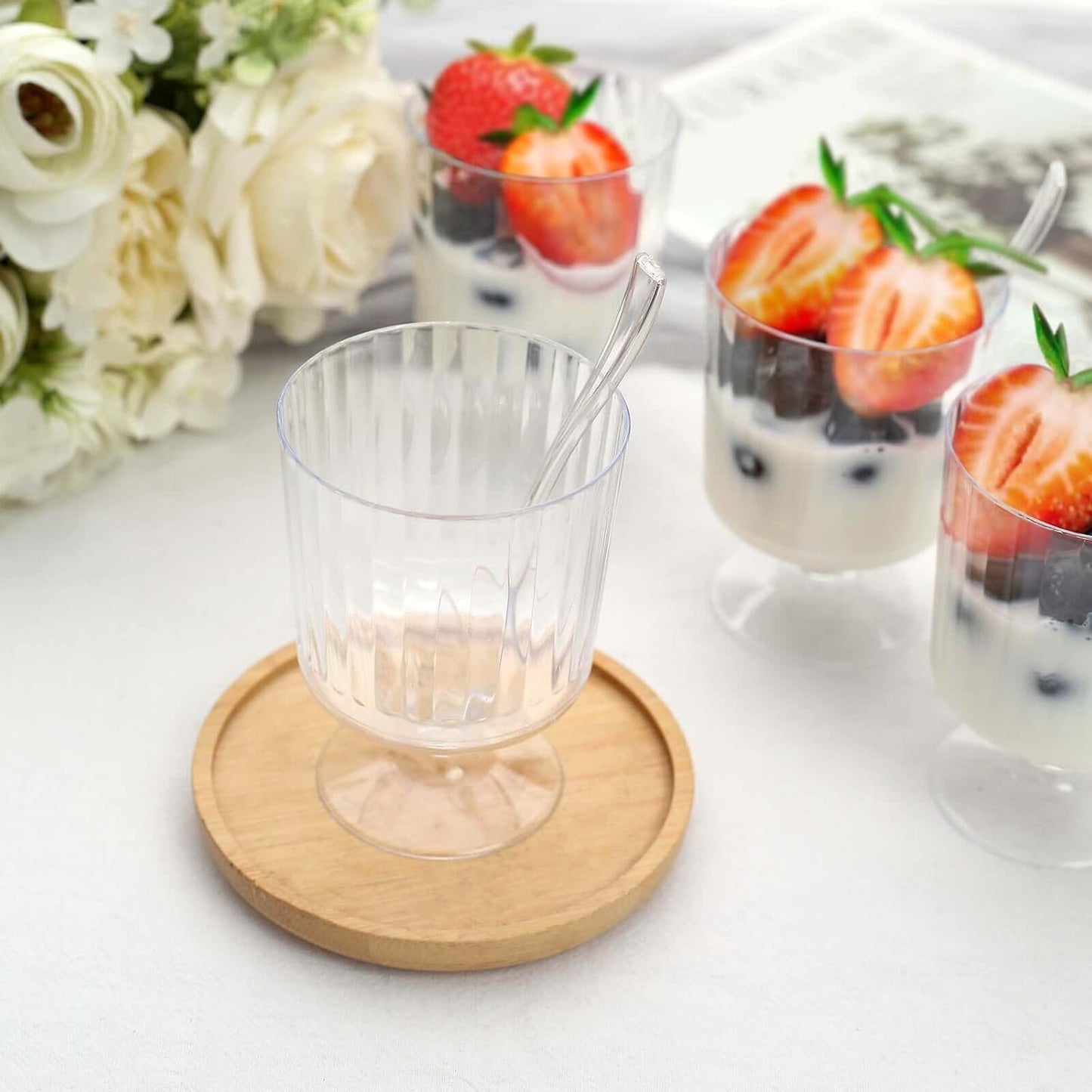 Efavormart 24 Pack | 5oz Clear Mini Ribbed Pedestal Plastic Dessert Cups With Spoons, Disposable Snack Cup Spoon Sets