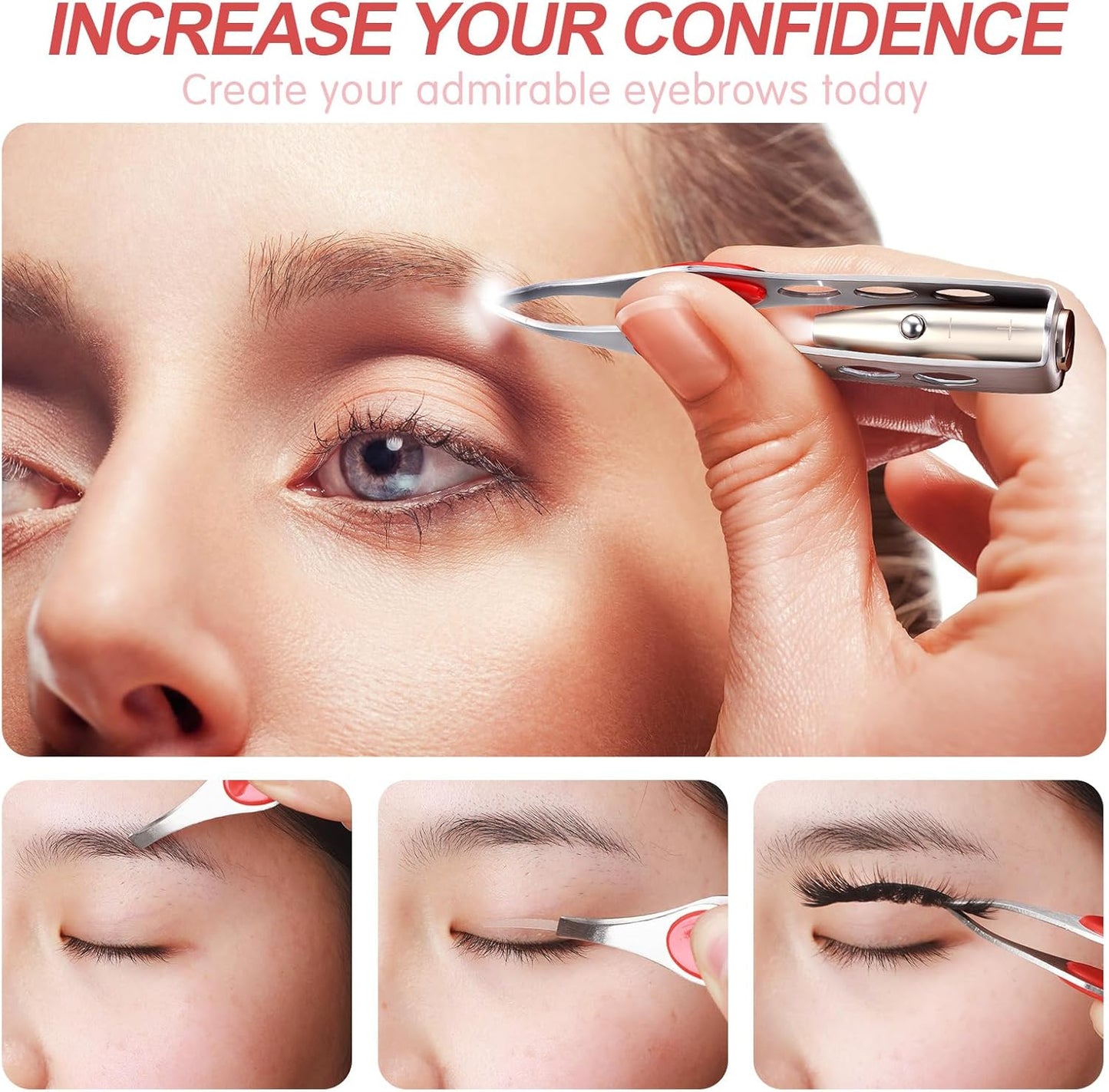 6 Pcs Light Stainless Steel Tweezers with LED, Makeup Eyelash Eyebrow Hair Removal Illuminating Lighted Tweezers for Precision Men Women(Red, Purple, Dark Blue)