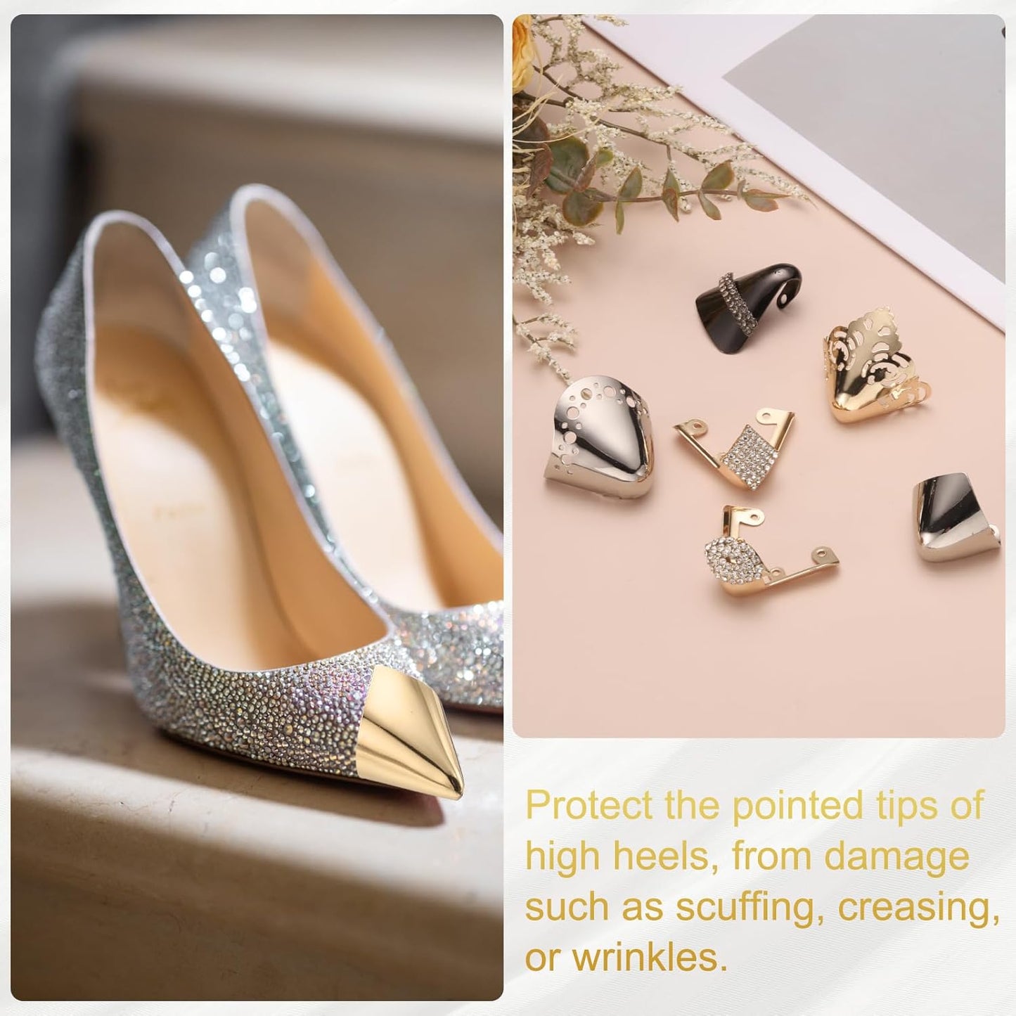 2Pcs Metal Shoes Pointed Protector High Heel Toe Caps Cover, Durable Shoe Tip Cover, Gold, 32mm