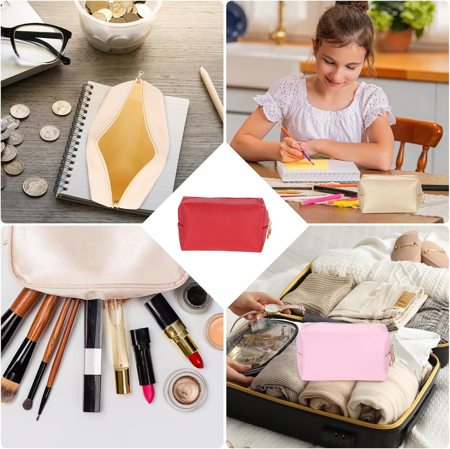 PU Leather Square Makeup Bag, Waterproof Cosmetic Organizer Bag Zipper Pouch Travel Toiletry Bag for Women for Makeup Brush Holder (Bronze Gold, Small)