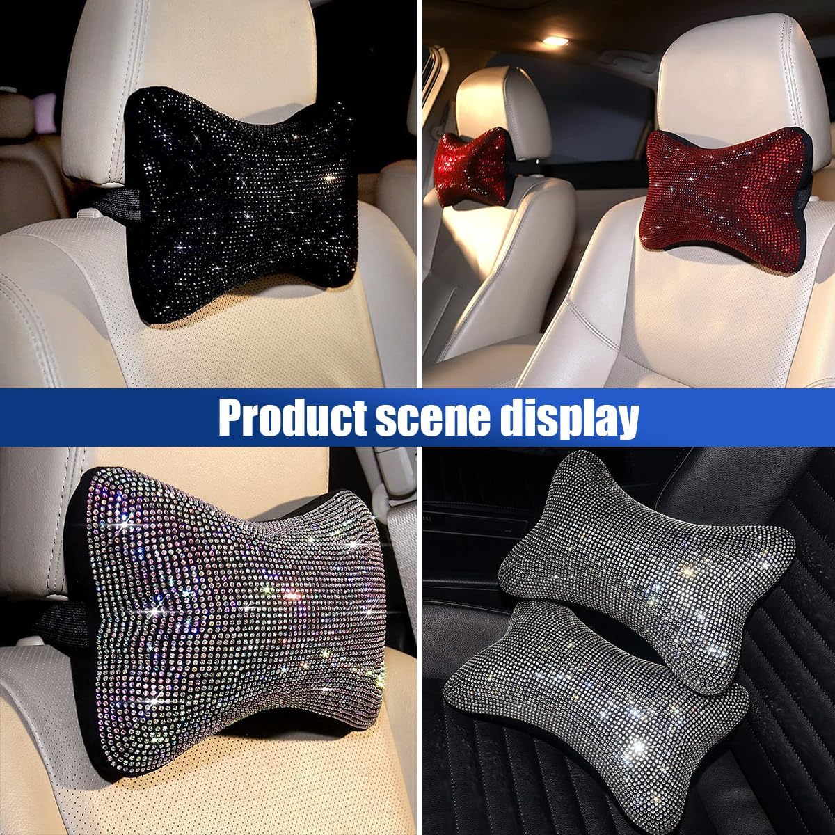 2PCS Car Neck Pillow for Driving Seat, Bling Crystal Rhinestone Diamond Comfortable Headrest Cushion, Head Rest Neck Support Relax, Car Interior Accessories for Women Girly (Black)