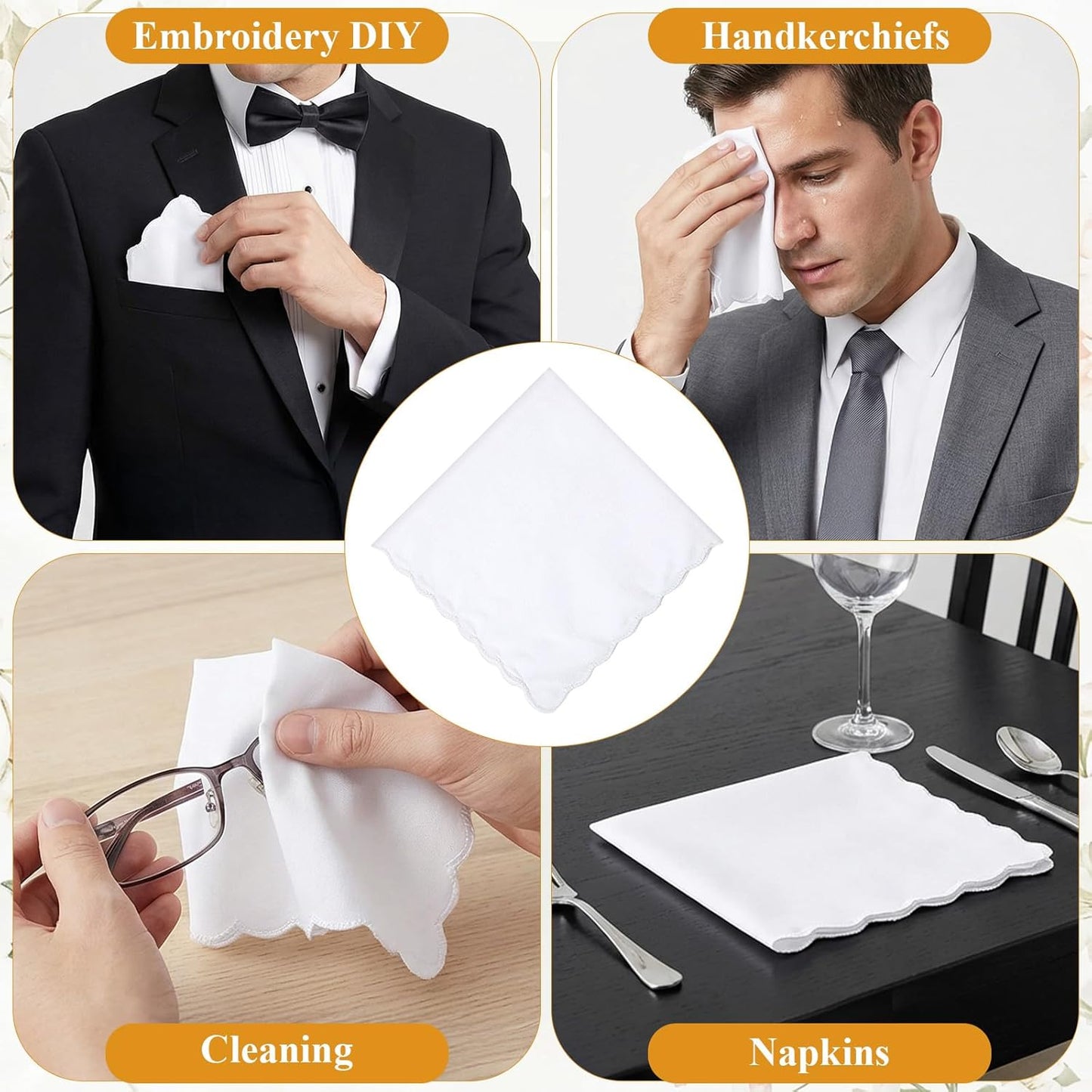 12 Pcs White Handkerchiefs for Women, Premium Polyester Soft Scalloped Edge Ladies Handkerchiefs Hankies, Small Pocket Squares Handkerchief for Wedding Party Gift Embroidery (11 x 11 Inch)