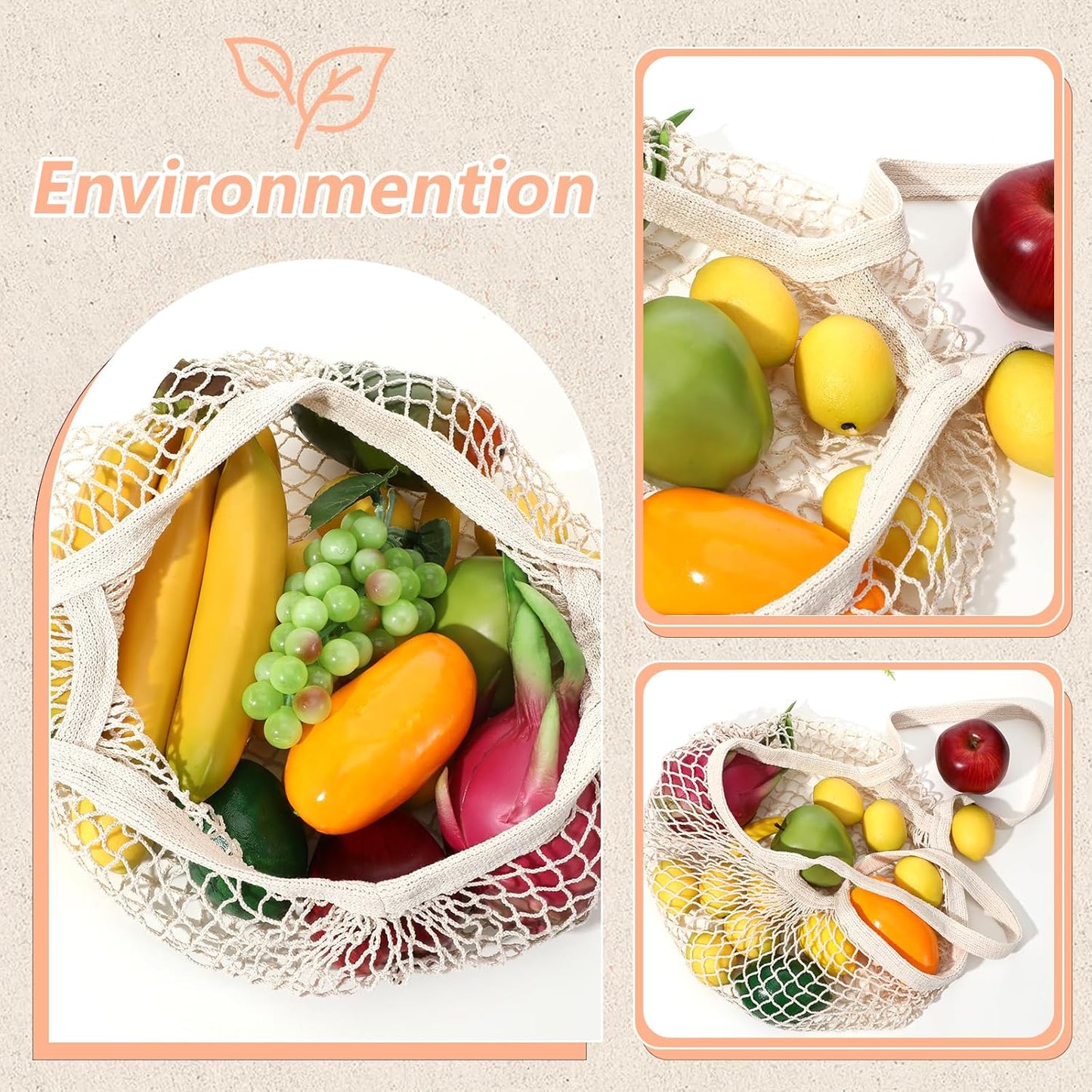 2 Pack Reusable Cotton Mesh Farmers Market Bag, Grocery Tote Net Shopping Bag, Washable Durable Portable Net String Produce Shopping Bags with Long Handle for Fruits, Vegetables, Shoppings (Beige)