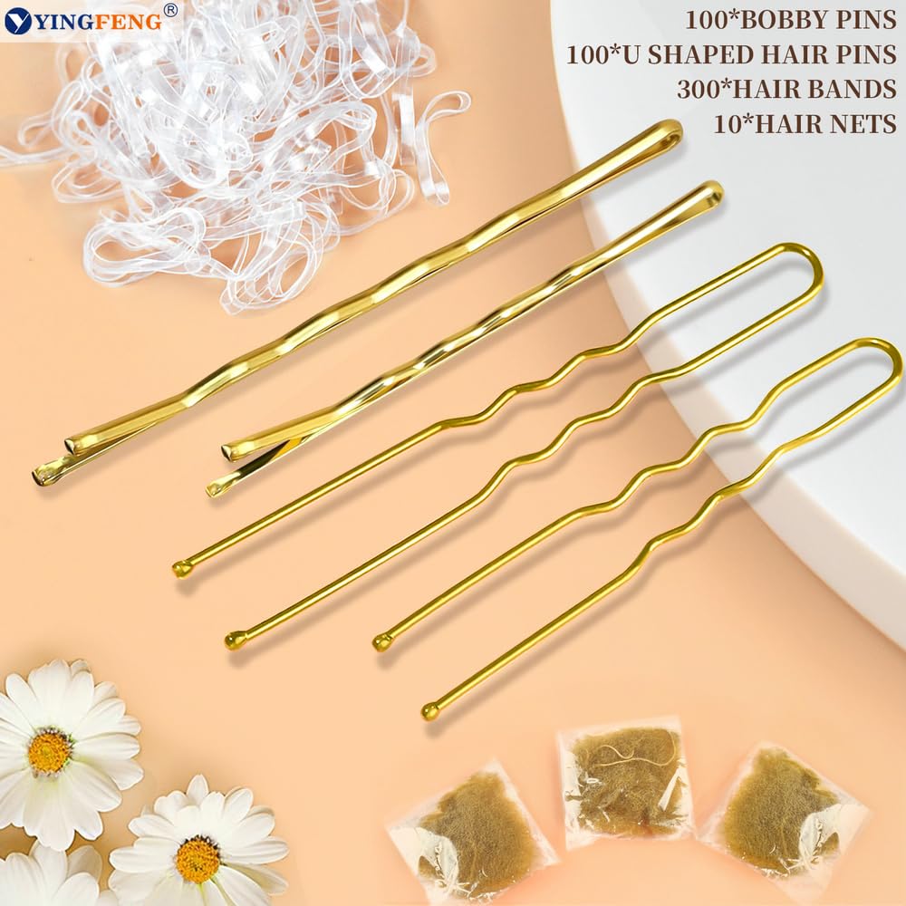 510PCS Blonde Bobby Pins Hair Pins Kit with Hair Net, Includes 100 Bobby Pins for Women, 100 U Shaped Buns Hair Clips, 300 Hair Bands and 10 Blonde Hair Nets, Dance competition must haves