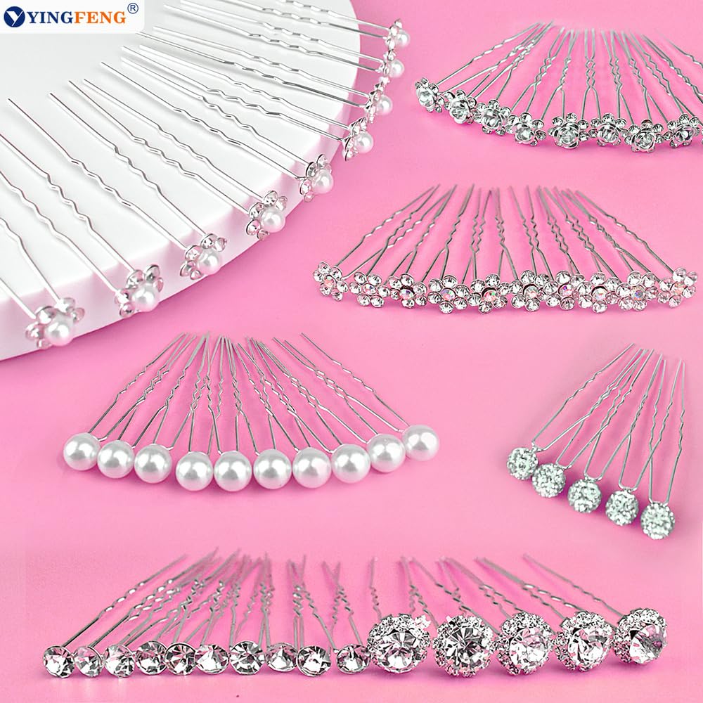 60 Pcs 7 Styles Silver Bridal Wedding Hair Pins, Flower Hair Clips for Women, U Shaped Crystal Pearl Hair Clips, Suitable for Brides, Bridesmaids, Women's Wedding Hair Accessories