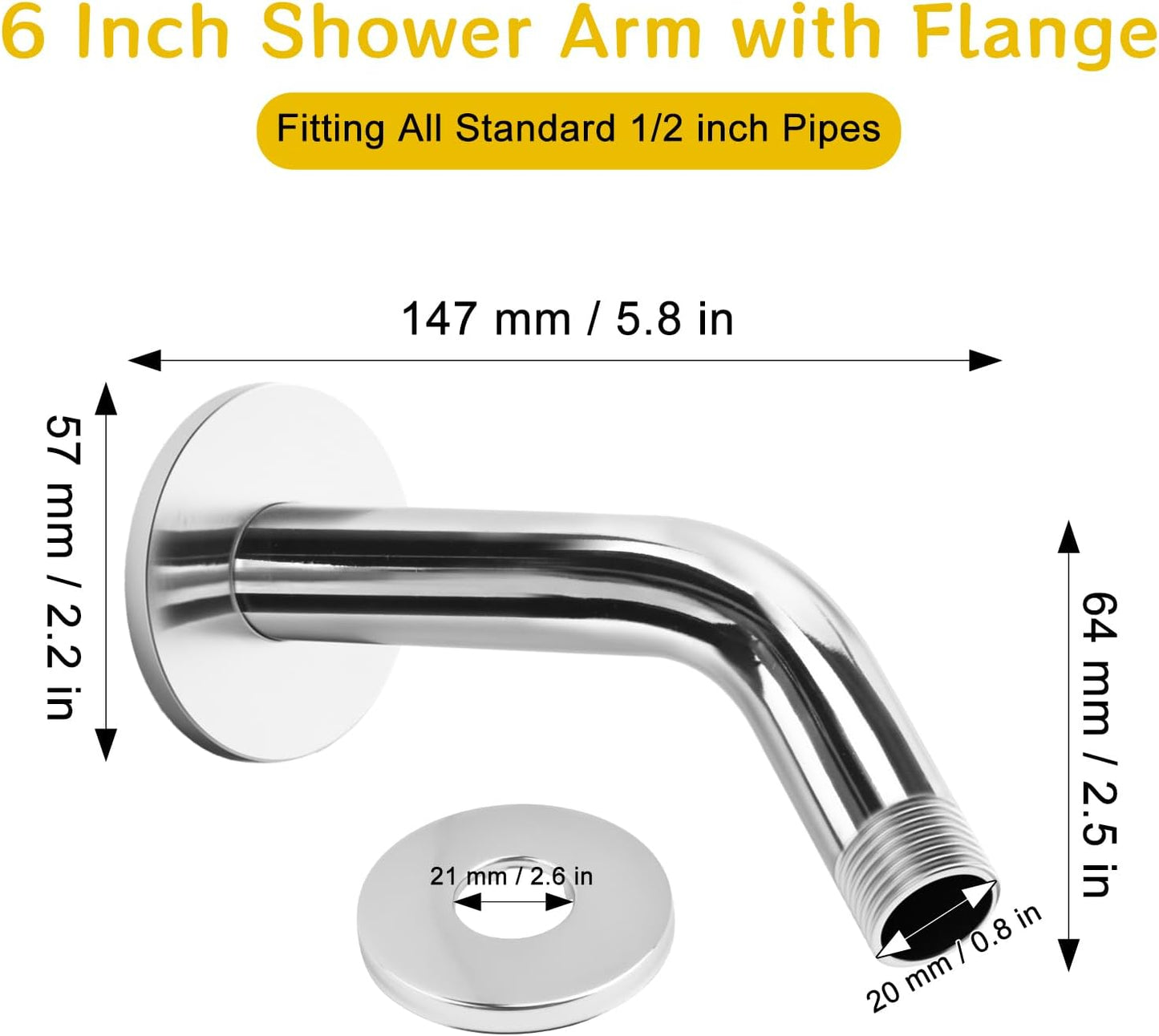 Shower Arm Flange Shower Pipe Arm 6 Inches Shower Head Mount 304 Stainless Steel Shower Handle Replacement Wall Mount Shower Neck for Fixed Shower Head & Handheld Showerhead (Silver)