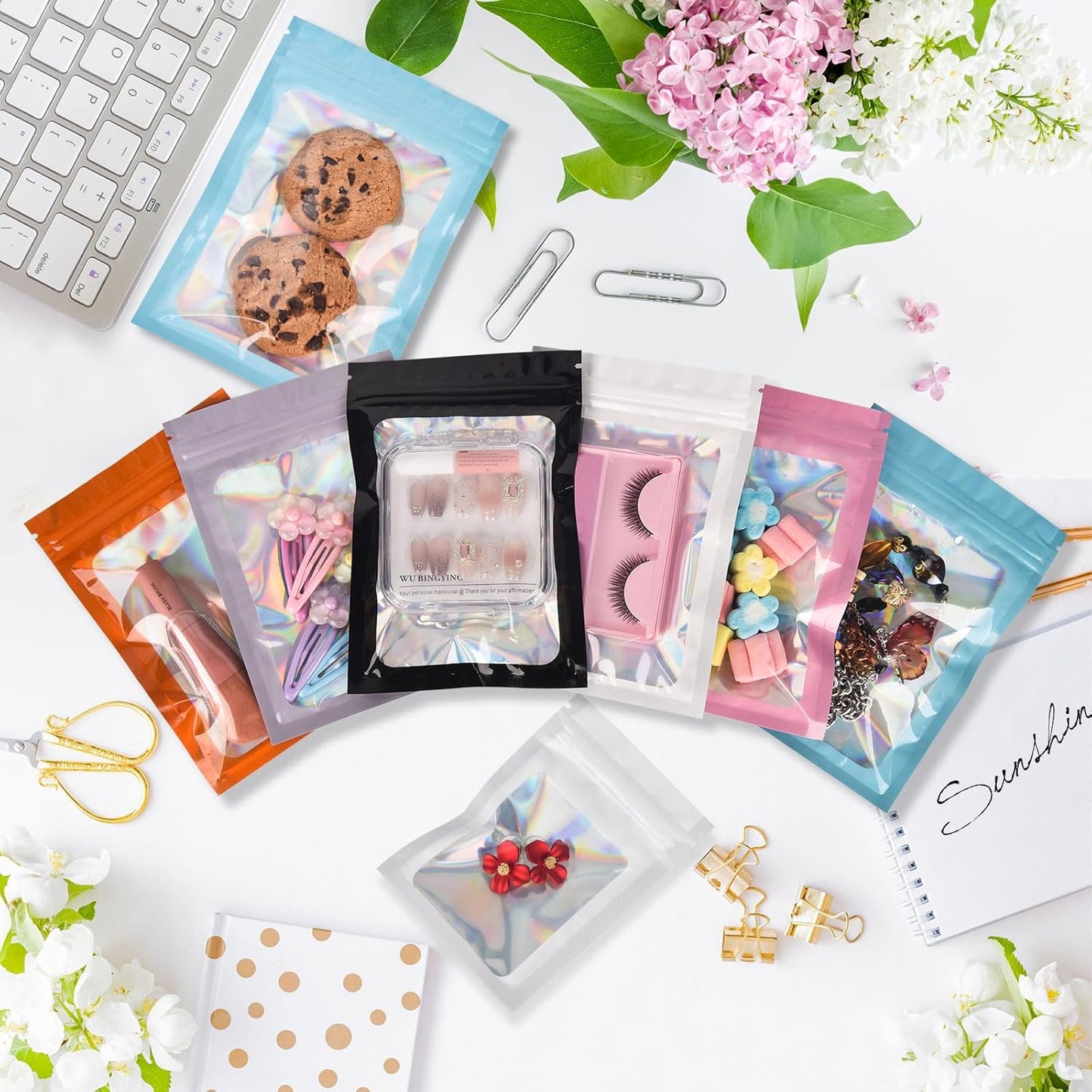 120PCS Smell Proof Mylar Bags,4"x6" Resealable Bag for Small Business,Holographic Packaging Bags with Clear Window,Foil Pouch Sample Snack Candy Jewelry Bag for Party Favors(Pink)