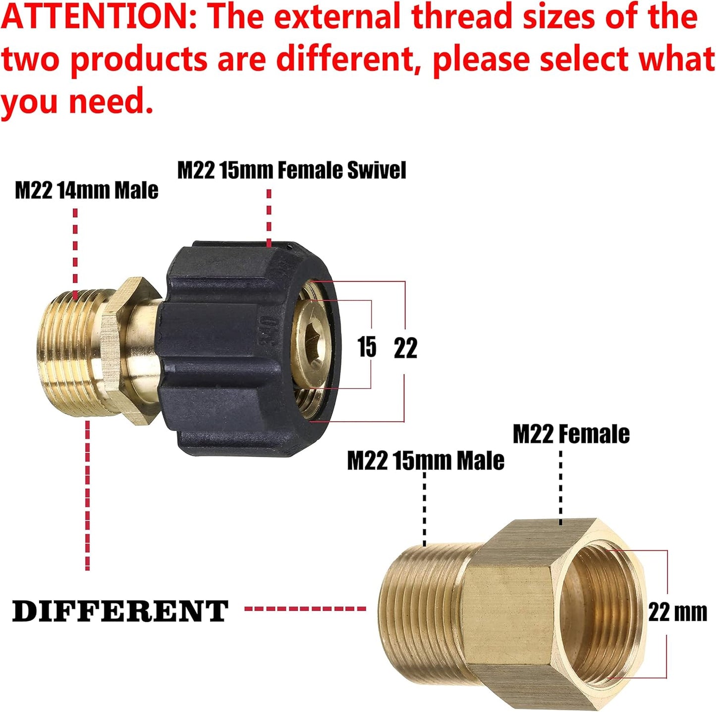 Pressure Washer Adapter, Metric M22 15mm Female Thread to M22 14mm Male Fitting, 4500 PSI