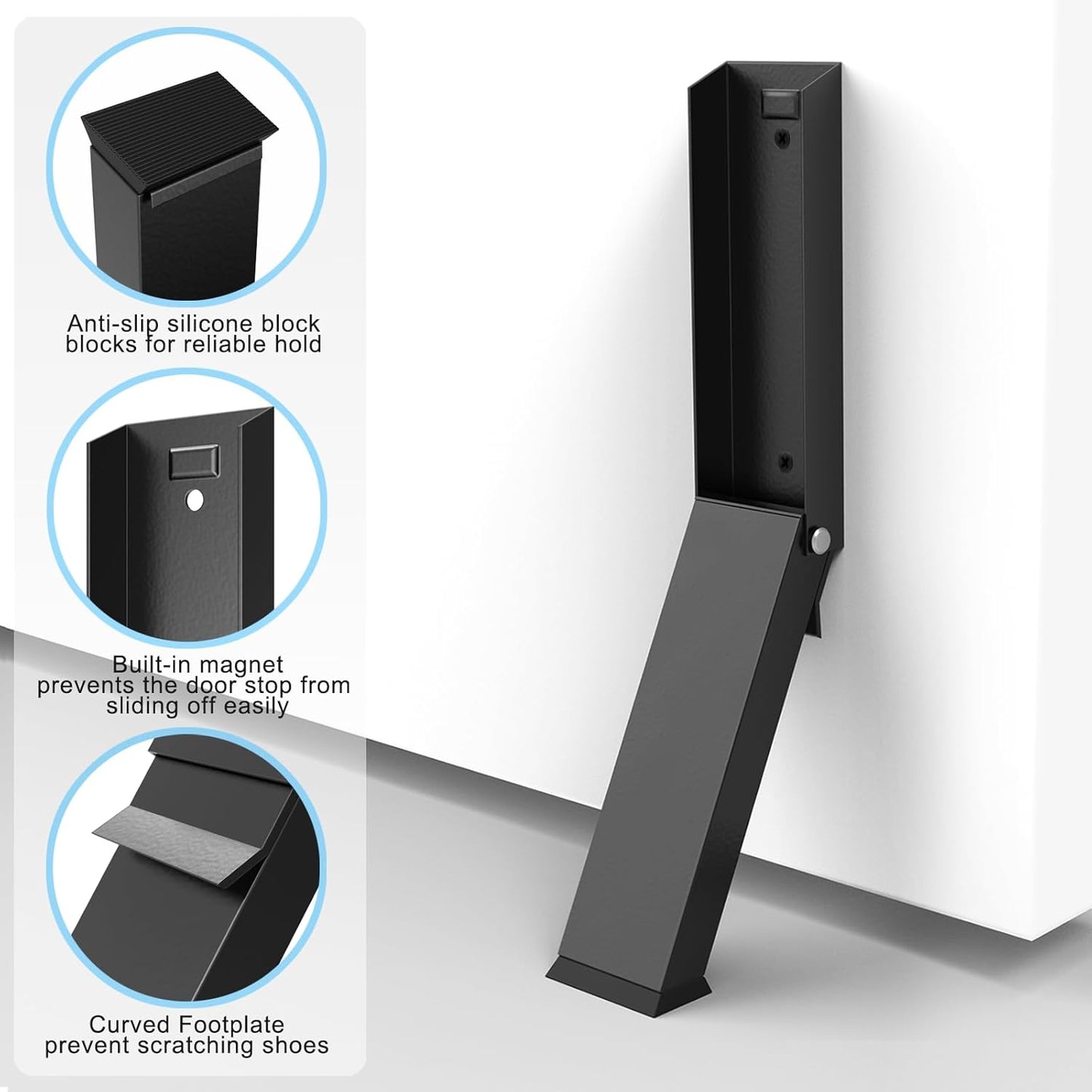Black Folding Metal Door Stop Foot Operated No Drilling Installation