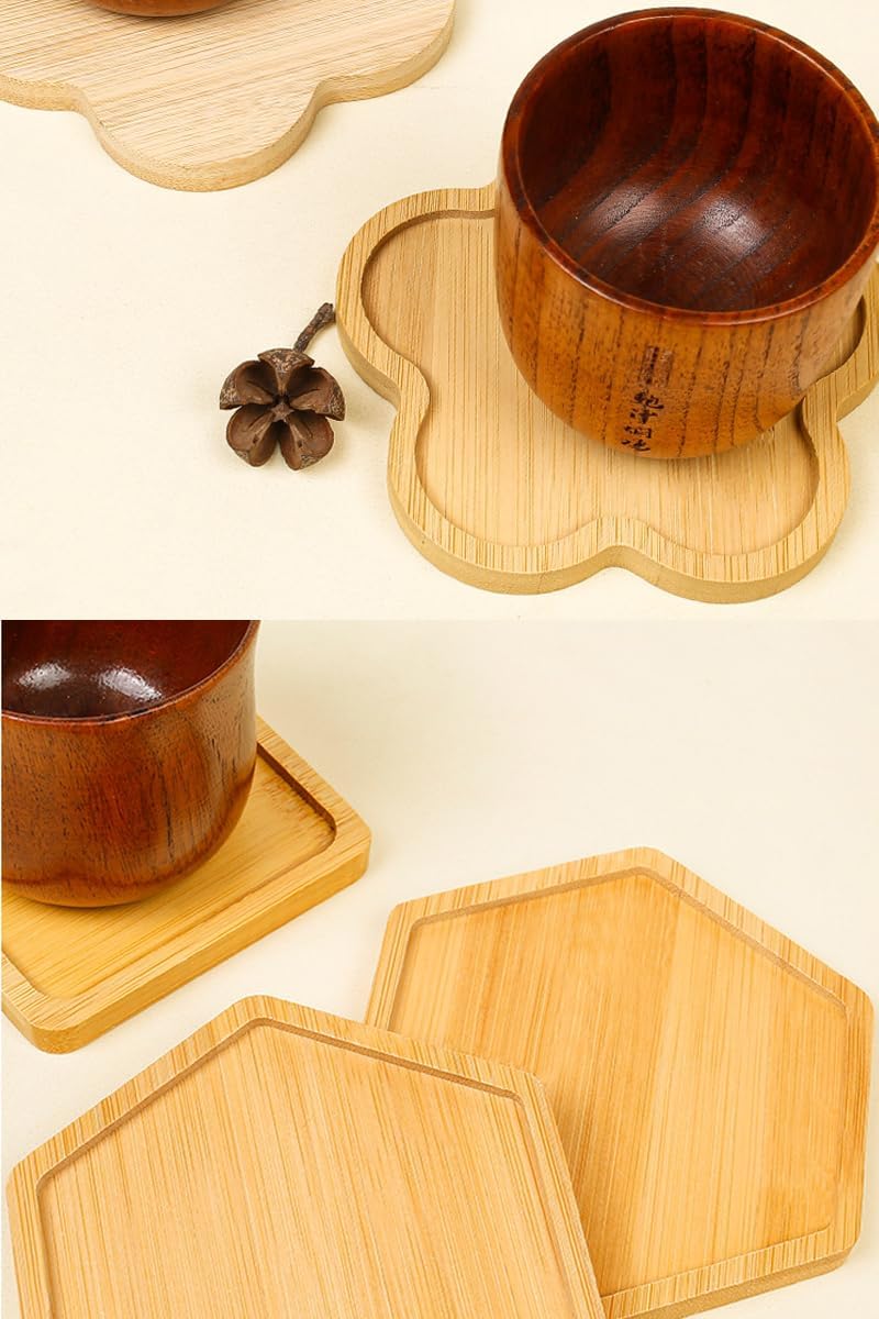 Bamboo Glass Coasters with Raised Edge Set of 4 - Heat & Water Ring Protection Table Mats - Rustic Style