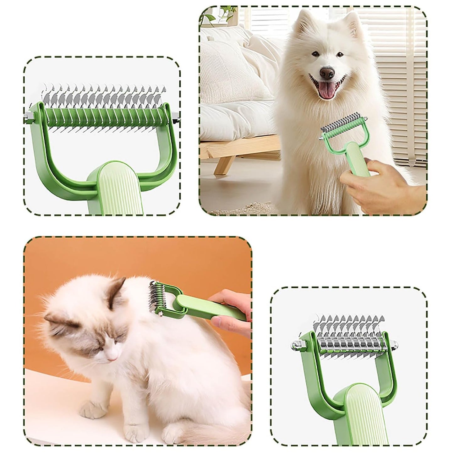 Double-Sided Pet Brush for Dogs & Cats - Green - Undercoat Comb with Non-Slip Handle - Removes Tangles & Loose Hair - 1 Piece