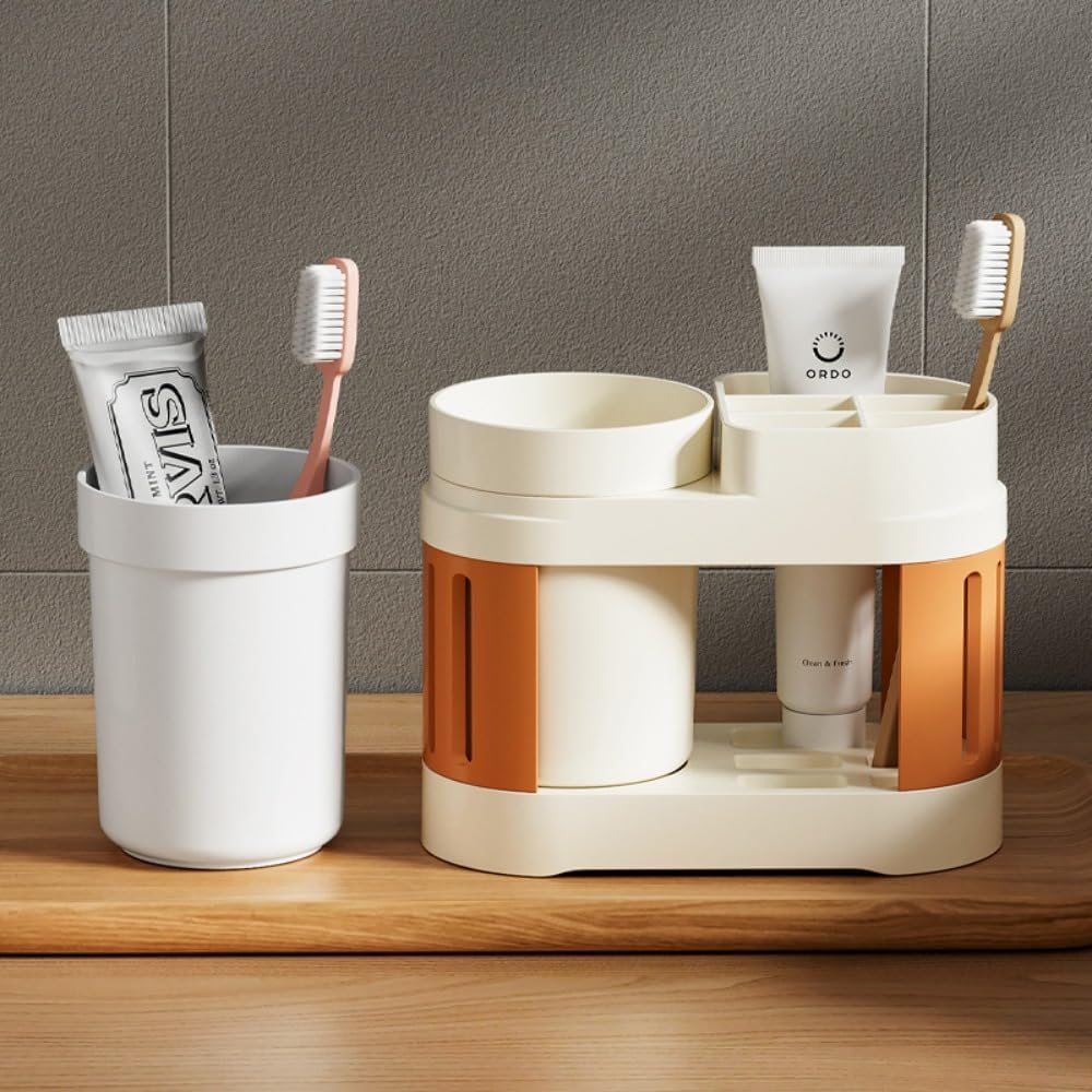 Multifunctional Toothbrush Holder with Toothpaste Dispenser and Cups - Wall-Mounted No Drilling - Bathroom Organizer Set