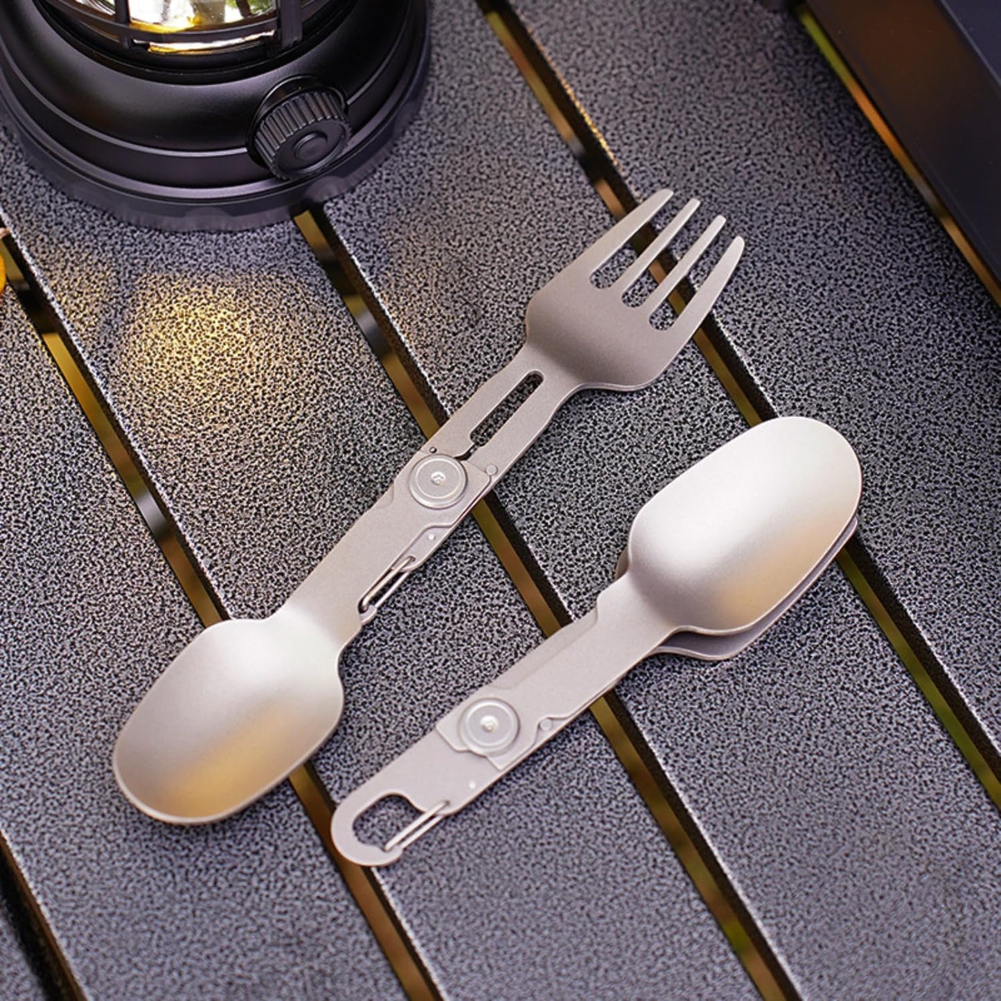 2-in-1 Folding Titanium Cutlery 13cm Silver Camping Spoon & Fork Lightweight Travel Outdoor Utensil