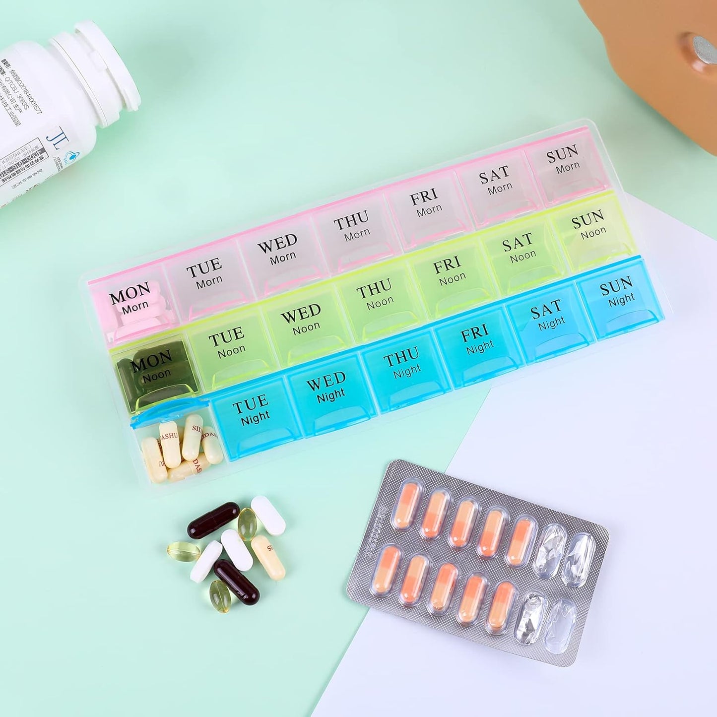 7 Day Pill Organizer 3 Compartments AM PM Evening 21 Slot Weekly Medication Storage Box