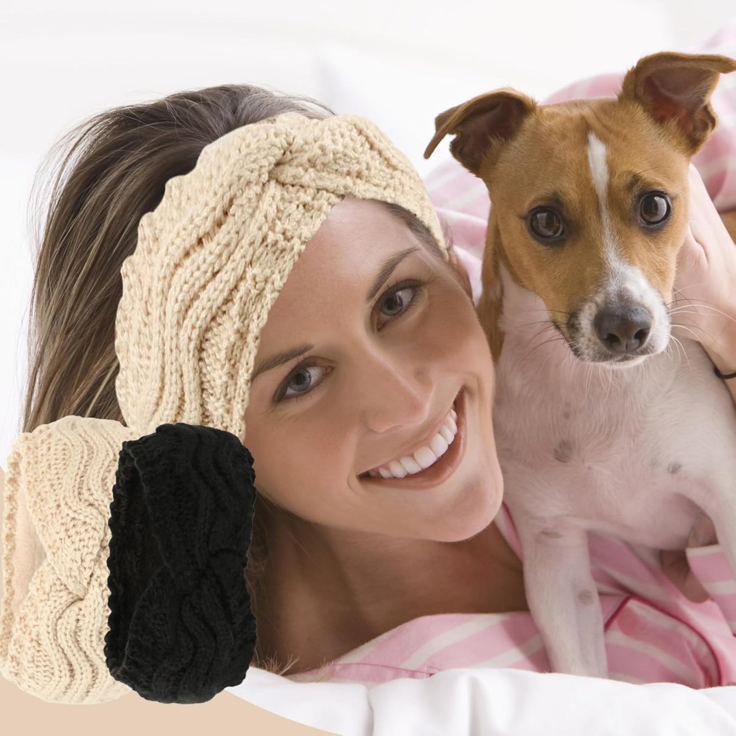 Winter Knitted Ear Warmers Headband - Beige and Black - Warm - One Size - 2 Pack