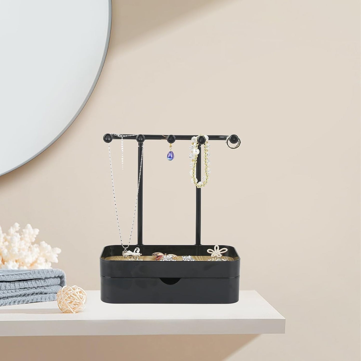 Industrial Jewelry Organizer with Wooden Tray - Necklace Holder & Storage for Women - Black - Gift Idea