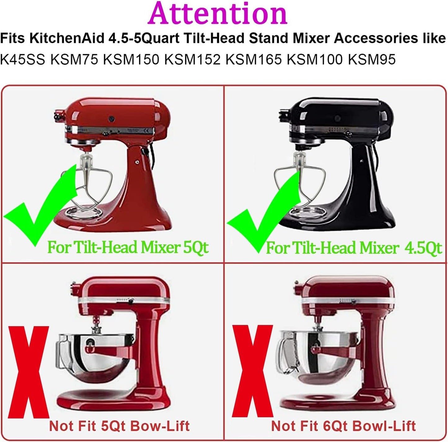 K45B Stainless Steel Flat Beater for Kitchenaid 4.5-5 Quart Tilt Head Stand Mixer, Polished Paddle Attachment for KitchenAid Mixer by ,Dishwasher Safe