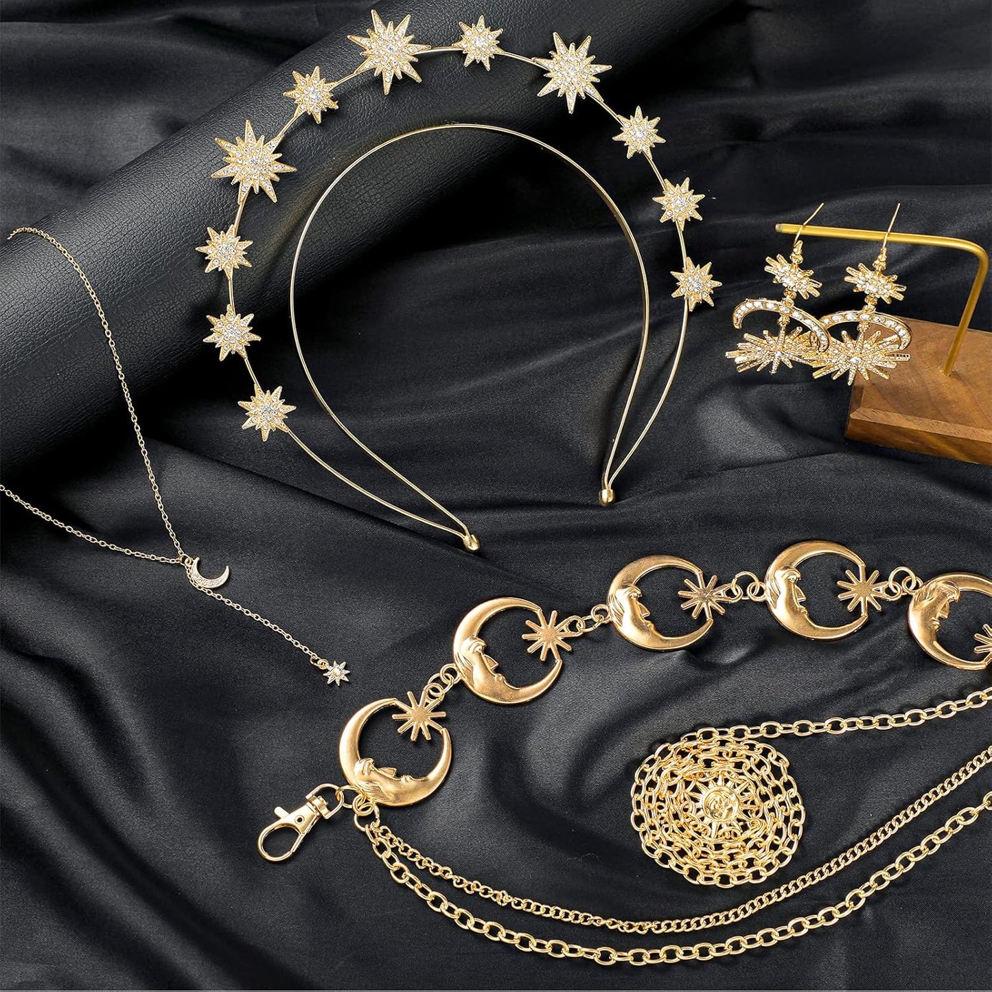 Glenmal 4 Pieces Celestial Jewelry Moon Stars Crown Necklaces and Body Chain Headband Drop Earrings for Women