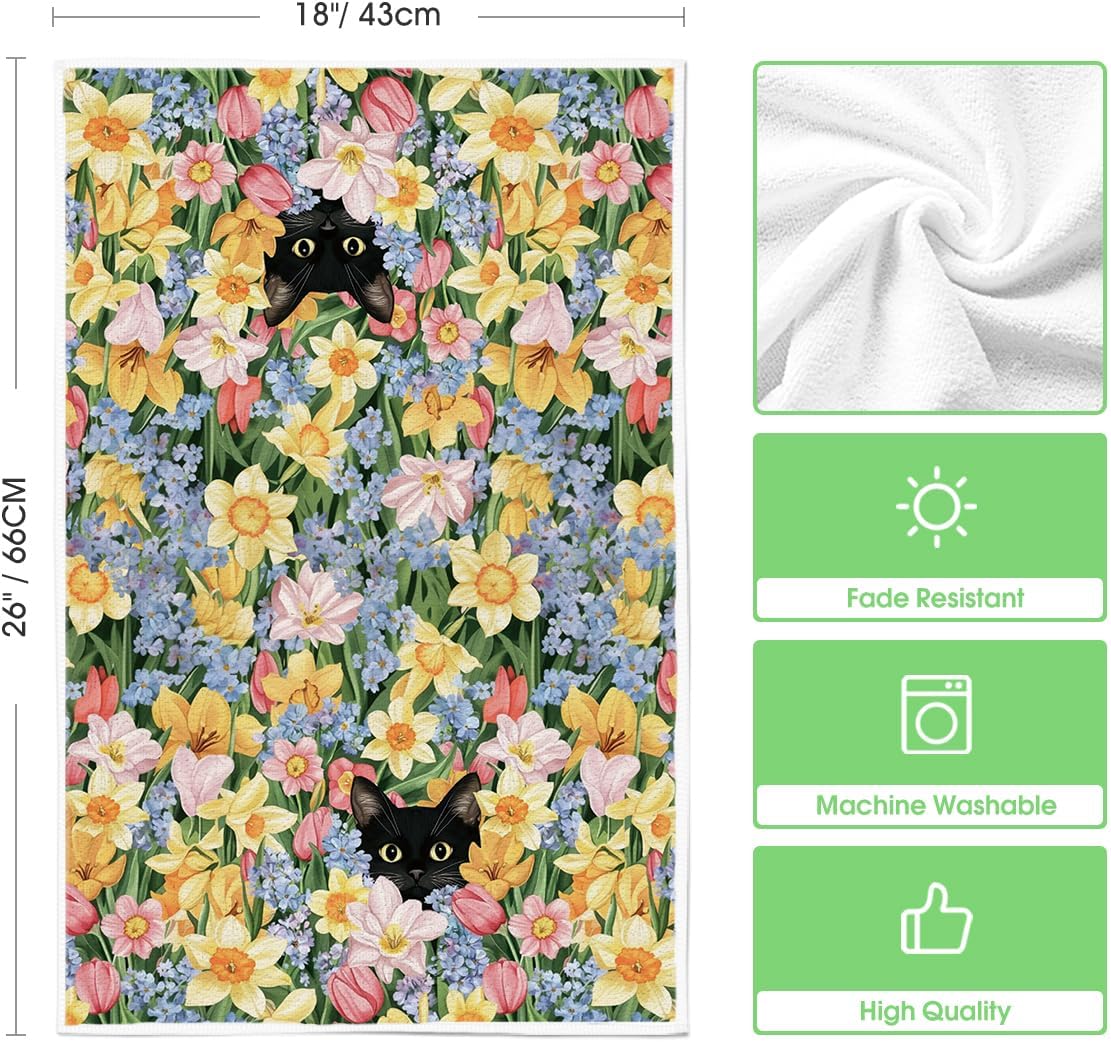 Tulip Wild Flowers Black Cat Spring Kitchen Towels Dish Towels, 18x26 Inch Farmhouse Floral Decoration Hand Towels Set of 2