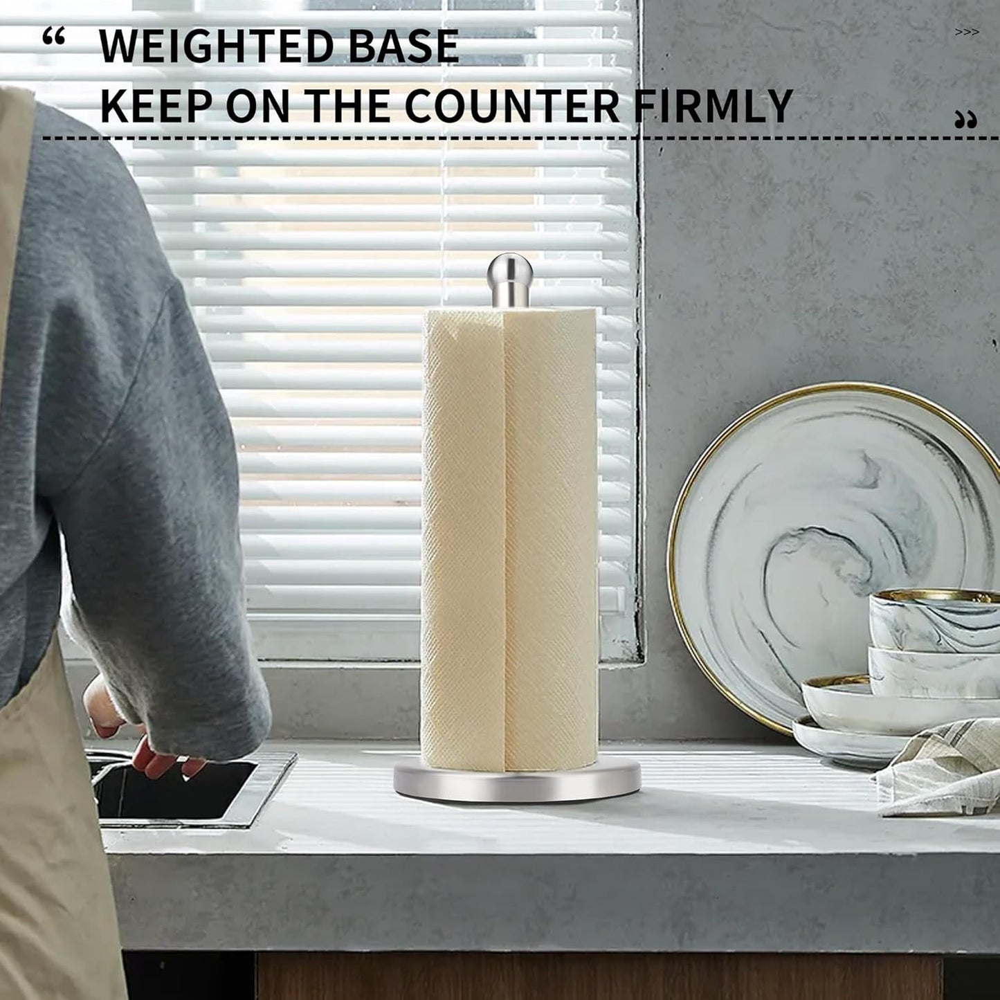 Paper Towel Holder Countertop, Paper Towel Holder with Solid Weighted Base, for Standard and Large Size Rolls (Silver)