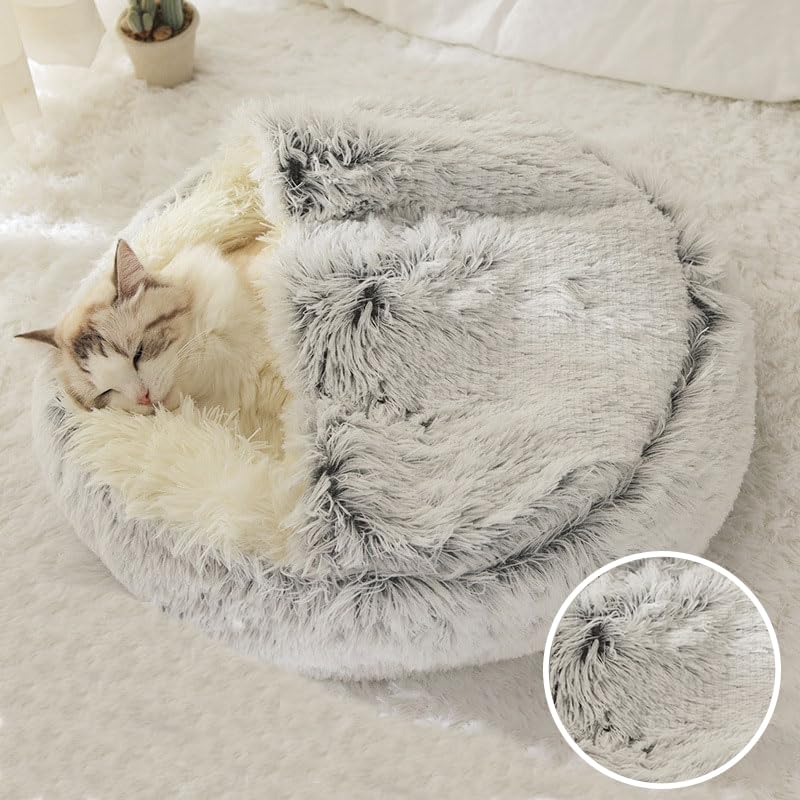 Cat Bed Round Fluffy Hooded Cat Bed Cave, Anti-Anxiety Cave Bed with Hooded Blanket, Cozy Cuddler Luxury Puppy Pet Bed, Anti-Slip Bottom and Machine Washable (Grey, Medium)