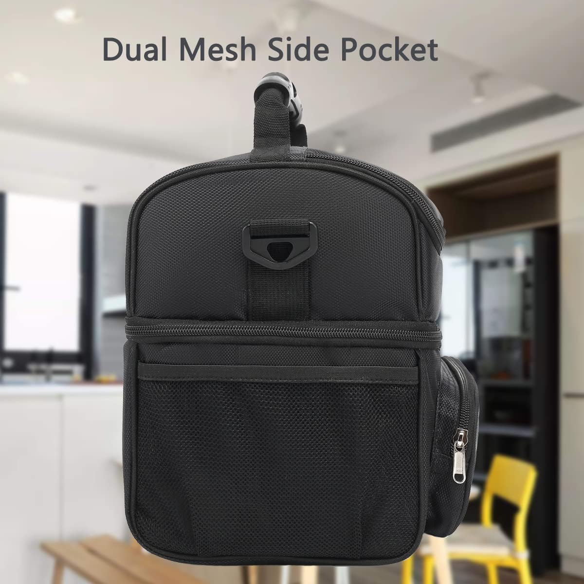 Insulated Lunch Bag Adult Lunch Box Large Tote Double Layer Cooler for Men, Women, with Adjustable Strap,Front Pocket and Mesh Side Pockets,Black