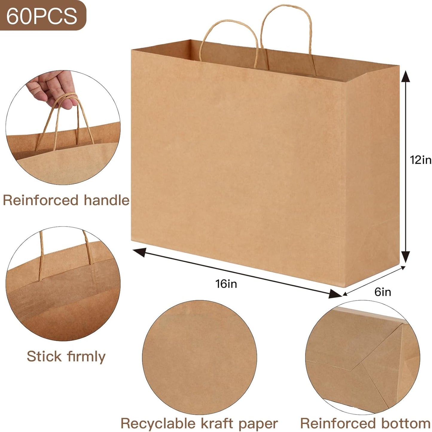 60pcs 16x6x12 Inch Large Paper Bags with Handles, Kraft Brown Paper Gift Bags for Business, Merchandise, Gifts, Shopping, Retail Stores, Birthday Party