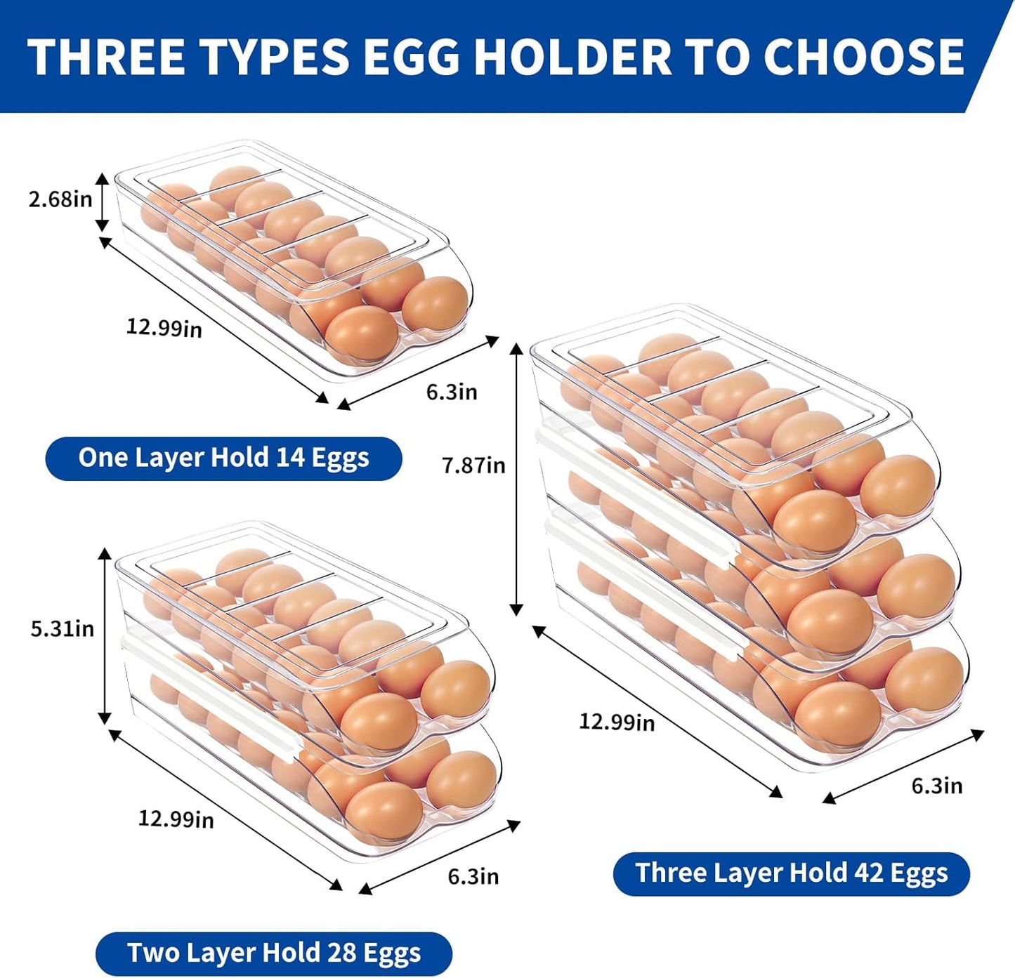 Egg Holder for Fridge, Automatic Rolling Egg Organizer for Refrigerator, Clear Plastic Egg Container & Tray, Stackable Dispenser and Storage Bin with Sturdy Lid to Saving Space -2 Layer