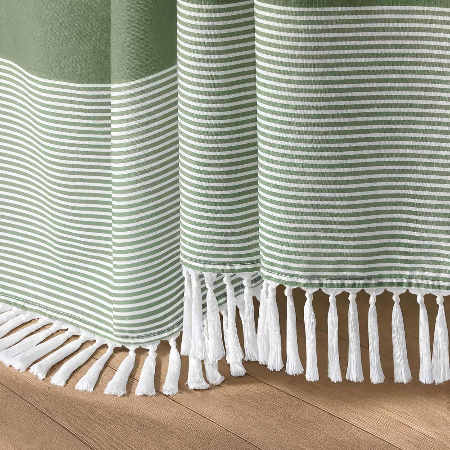 Sage Green Shower Curtain Cotton Boho Striped Shower Curtains for Bathroom with Tassel 72 X 72