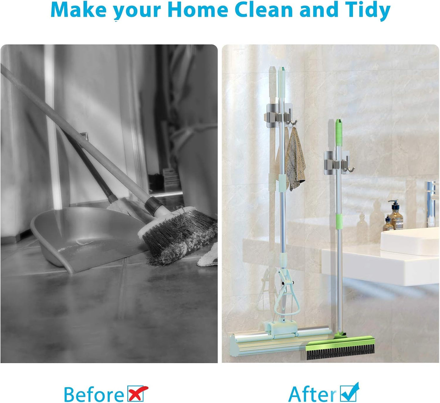 Mop Broom Holder No Drill, Mop Broom Organizer Wall Mounted Heavy Duty with Hooks Hanger, Self Adhesive Stainless Steel 4Pcs for Bathroom, Kitchen, Office (Silver)