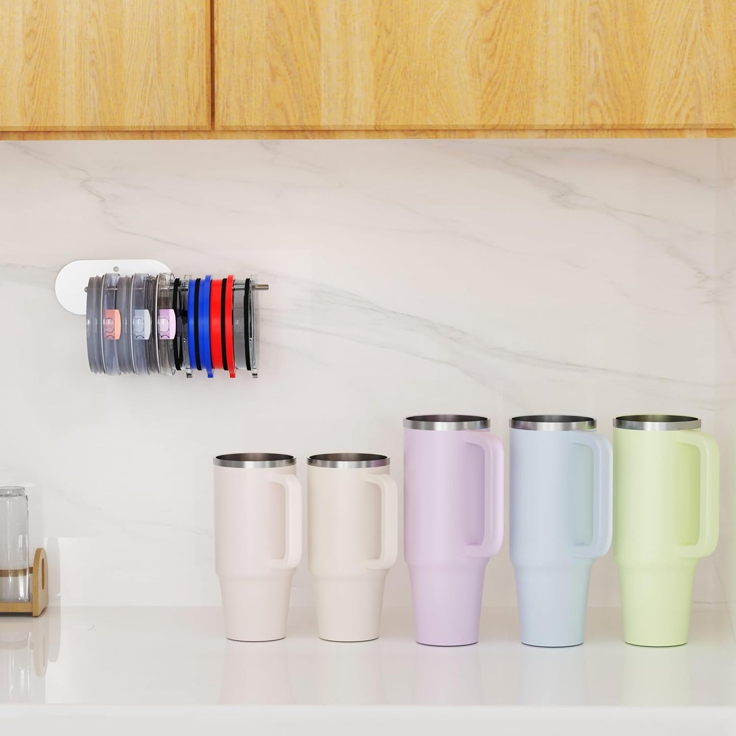 4 Pack Tumbler Lid Organizer, Space Saving Cup Lid Organizer for Yeti/Stanley/Simple Modern Tumbler Lids, Self-Adhesive or Drilling Tumbler Lid Hook for Kitchen Organizers and Storage
