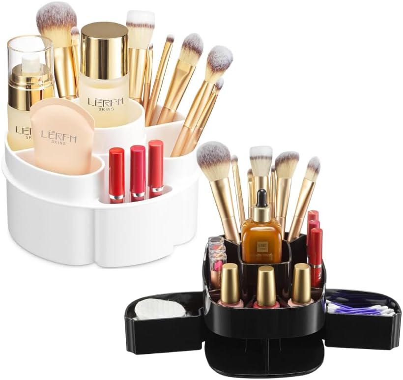 Small Rotating Makeup Organizers – Compact Yet Spacious Round (White) and Square (Black) Cosmetic Storage Caddies with Multiple Compartments – Ideal for Vanity, Dresser, or Bathroom Counter