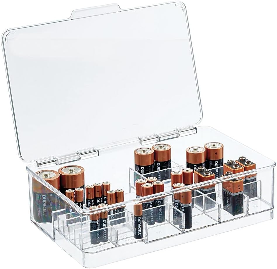 Plastic Large Stackable Divided Battery Storage Organizer Box with Hinged Lid for AA, AAA, C, D, 9 Volt Sizes, Great Storage for Kitchens, Home Offices, and Utility Rooms - Clear